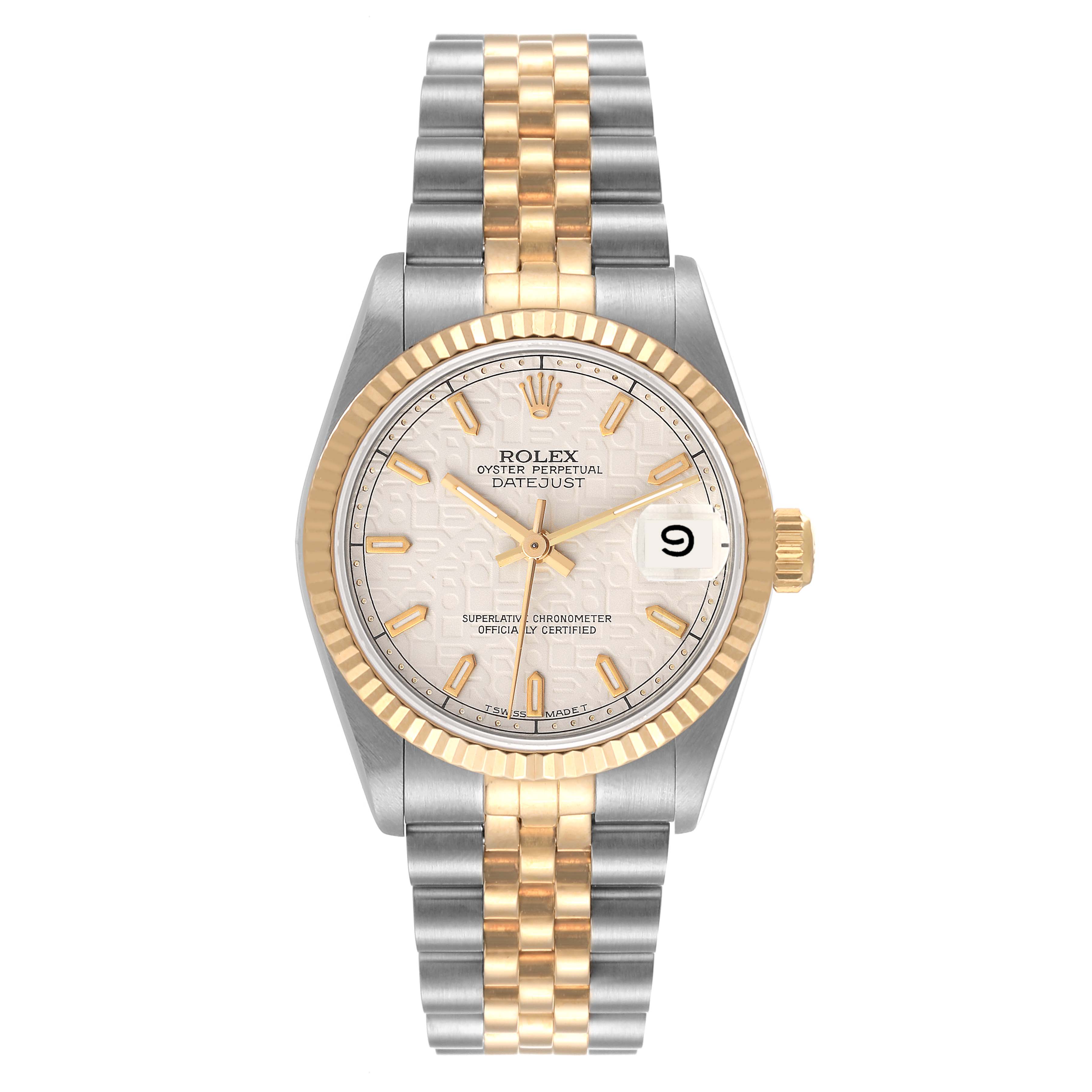 The Rolex Datejust Mid-Size is shown from a front angle, highlighting its dial, bezel, and two-tone bracelet.