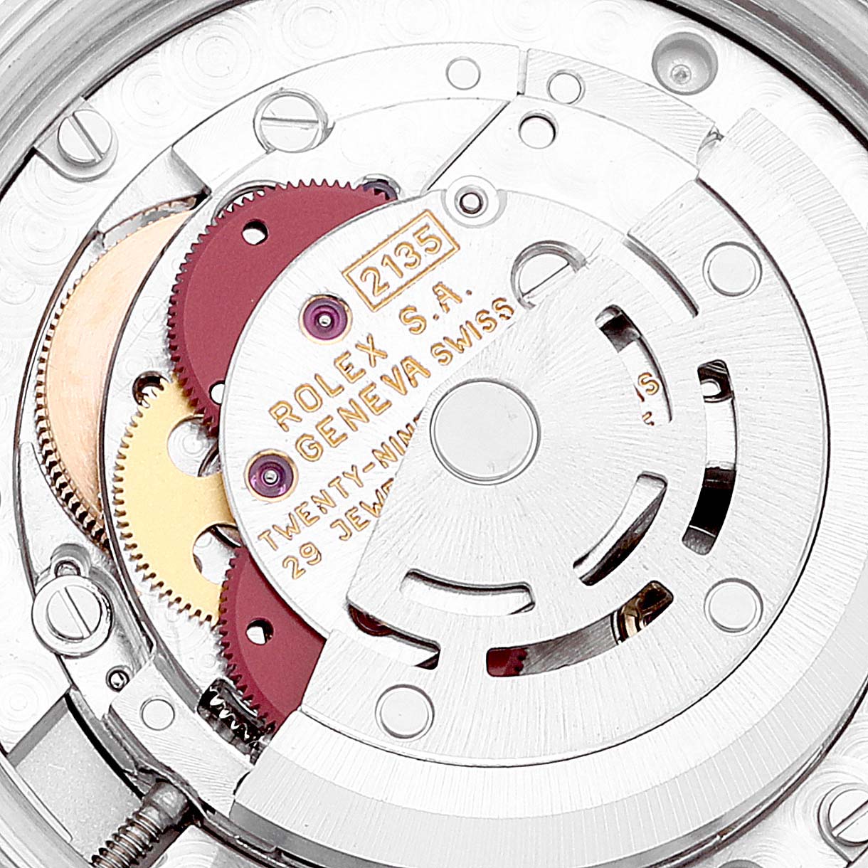 This image shows a detailed view of the inner mechanical workings of a Rolex Mid-Size 68273 Women's Steel and Gold (two tone) Beige Dial 68273 Women's Steel and Gold (two tone) Beige Dial model watch, highlighting the movement components.