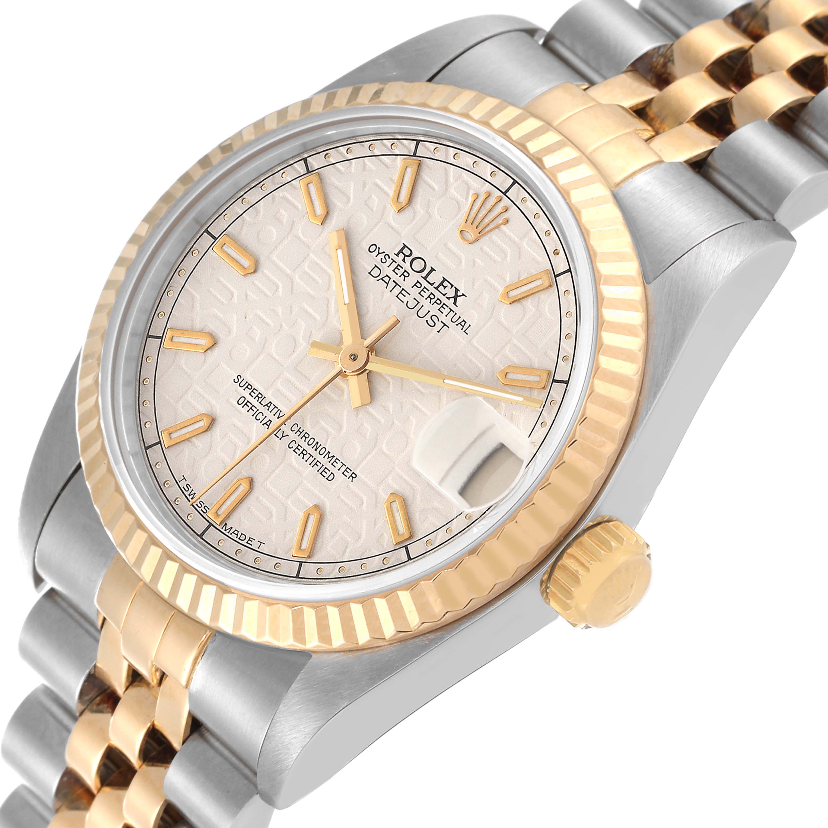 This image shows a close-up angle of the face, bezel, and bracelet of the Rolex Datejust Mid-Size watch.