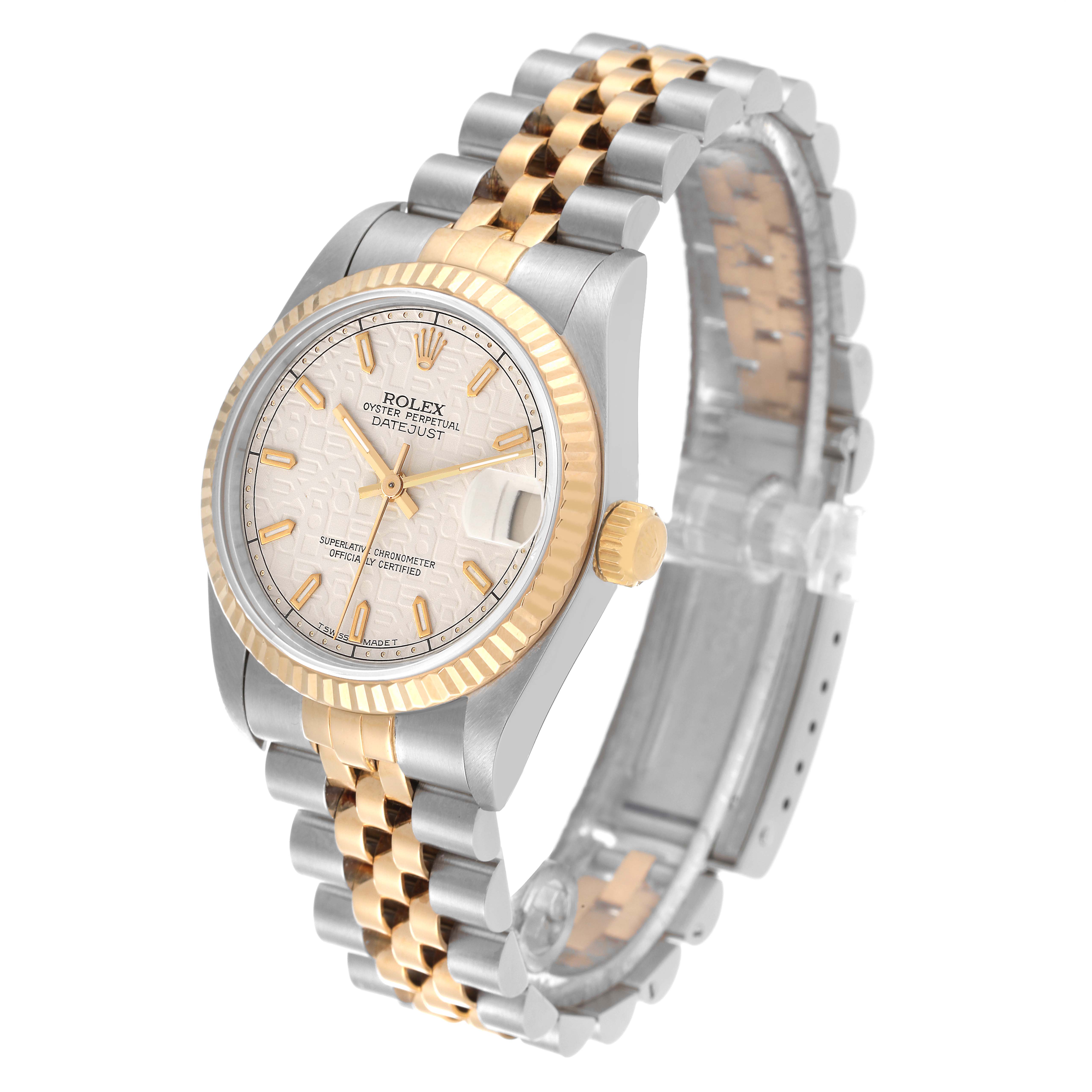 The image shows a Mid-Size Rolex watch from an oblique angle, highlighting its face, bezel, and two-tone metal bracelet.