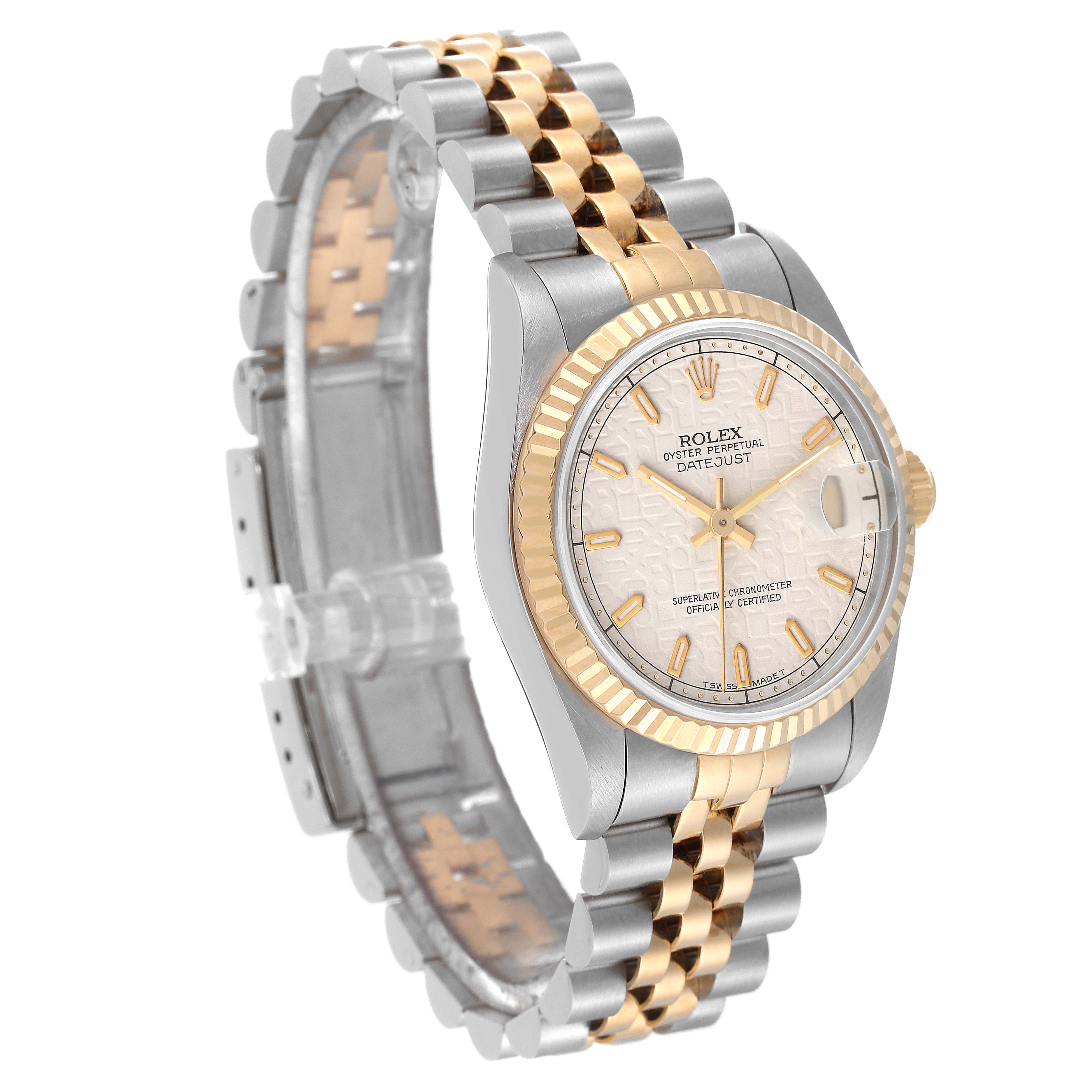 The image shows a side angle view of a Rolex Mid-Size 68273 Women's Steel and Gold (two tone) Beige Dial 68273 Women's Steel and Gold (two tone) Beige Dial Datejust watch, highlighting the dual-tone bracelet, bezel, case, and dial.