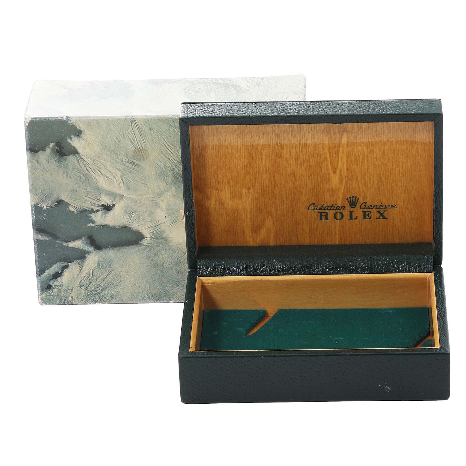 The image shows an open Rolex Mid-Size 68273 Women
s Steel and Gold (two tone) Black Dial 68273 Women
s Steel and Gold (two tone) Black Dial watch box and its exterior case, captured from the front angle.