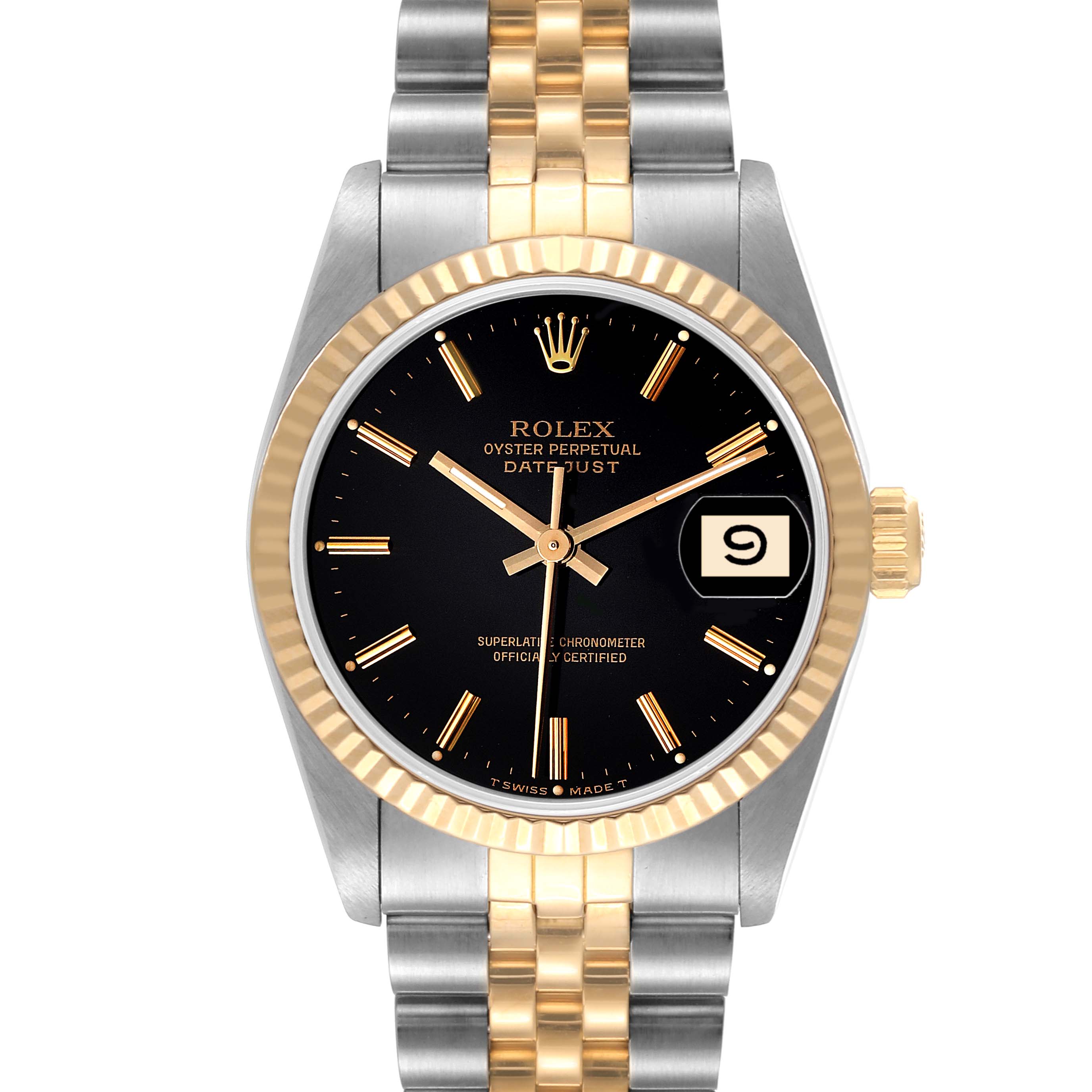 The image shows a front view of the Rolex Mid-Size 68273 Women
s Steel and Gold (two tone) Black Dial 68273 Women
s Steel and Gold (two tone) Black Dial Oyster Perpetual Datejust with a black dial and gold and silver bracelet.