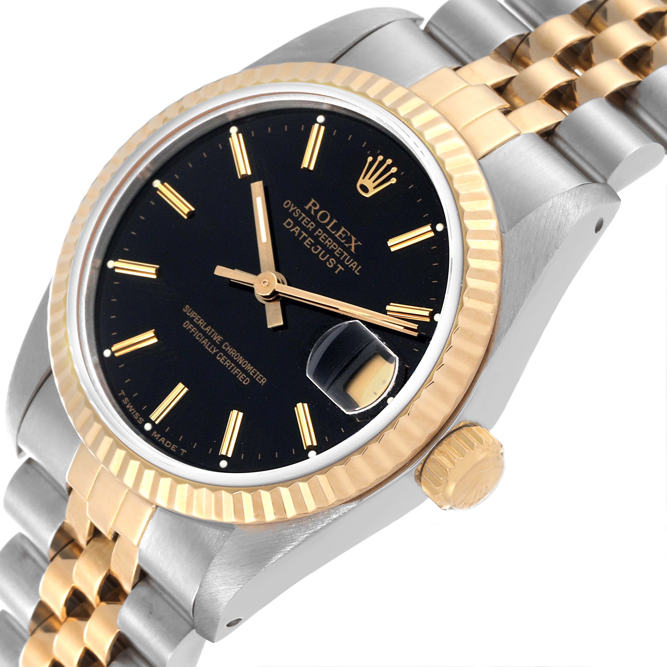 The image shows a close-up angled view of the Rolex Mid-Size 68273 Women
s Steel and Gold (two tone) Black Dial 68273 Women
s Steel and Gold (two tone) Black Dial Datejust, highlighting the black dial, gold fluted bezel, and two-tone bracelet.