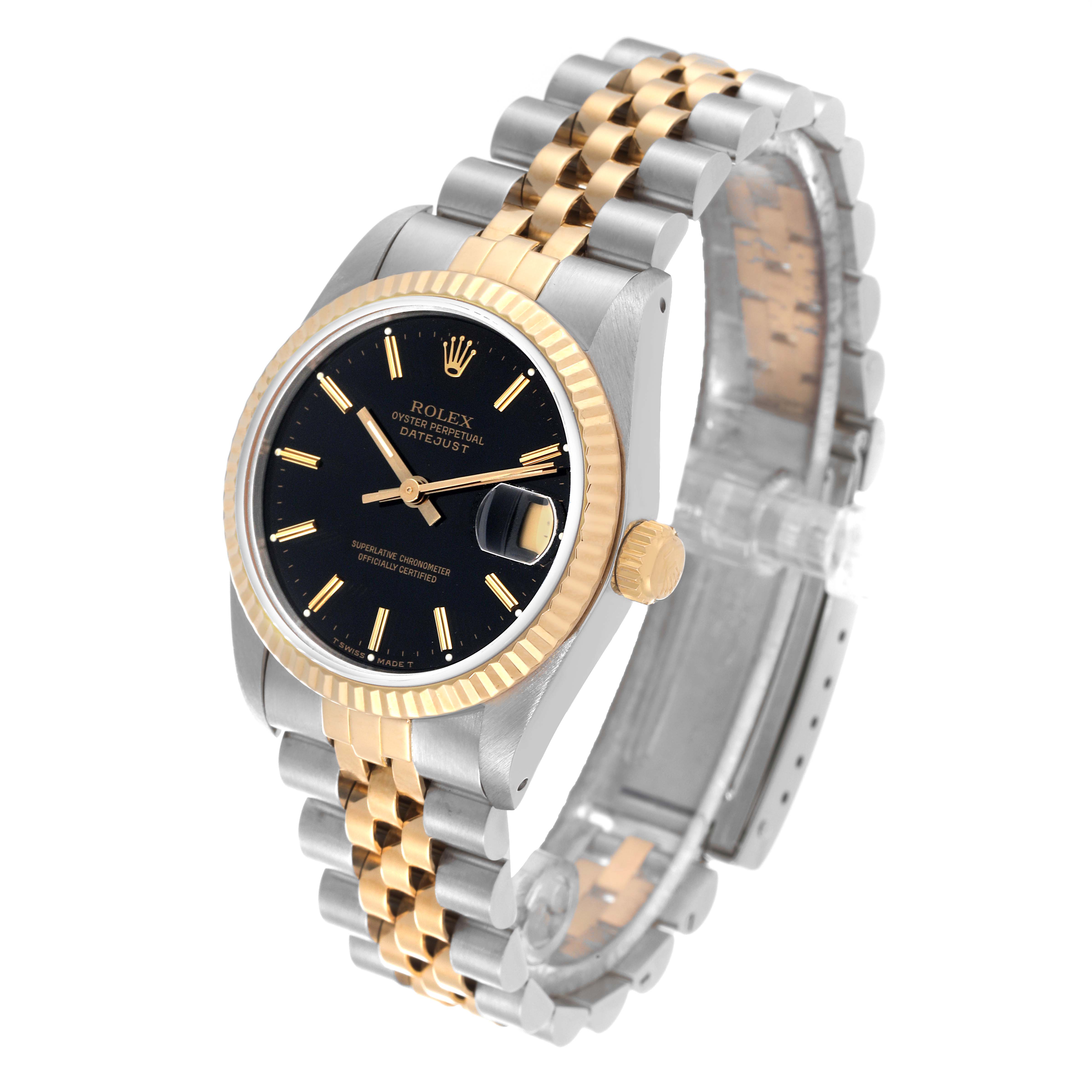 The image shows a Mid-Size Rolex Datejust watch at an angle, highlighting its black dial, fluted bezel, two-tone bracelet, and crown.