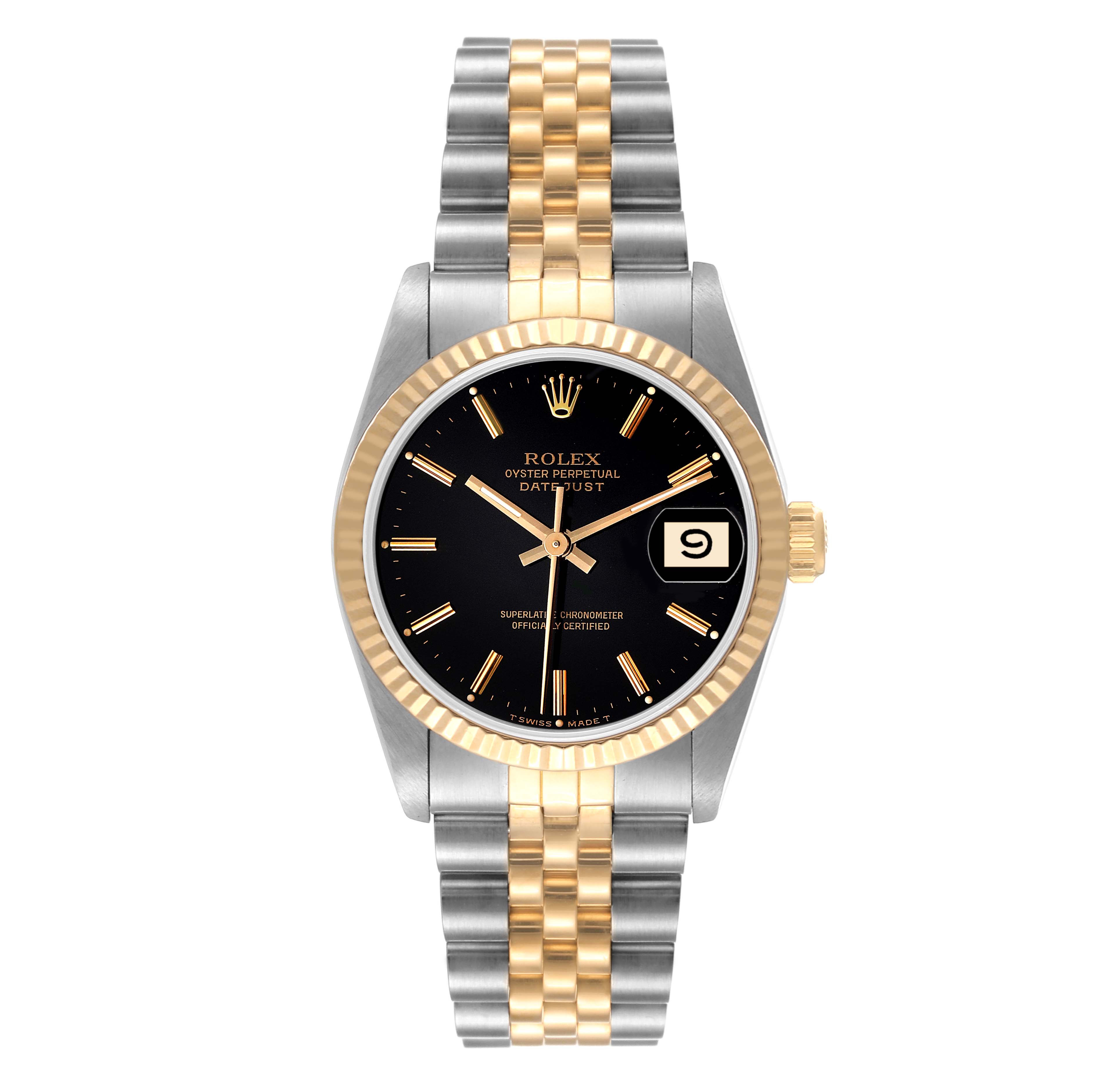 The Rolex Mid-Size 68273 Women
s Steel and Gold (two tone) Black Dial 68273 Women
s Steel and Gold (two tone) Black Dial model is shown from a straight-on angle, highlighting its bicolor band, black dial, date display, and gold bezel.