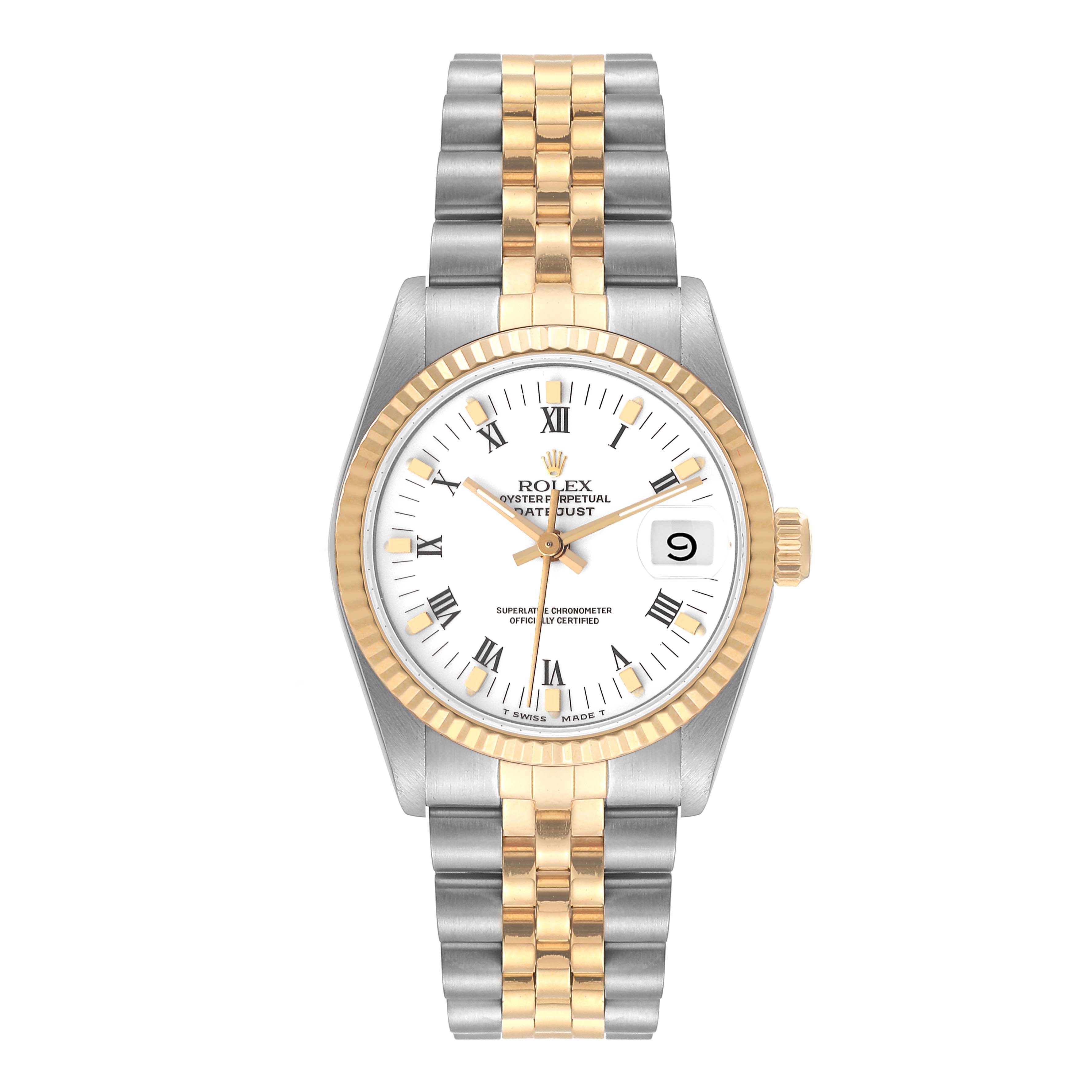 This image shows a front view of a Rolex Mid-Size 68273 Women
s Steel and Gold (two tone) White Dial 68273 Women
s Steel and Gold (two tone) White Dial Datejust watch, highlighting the dial, bezel, and two-tone bracelet.