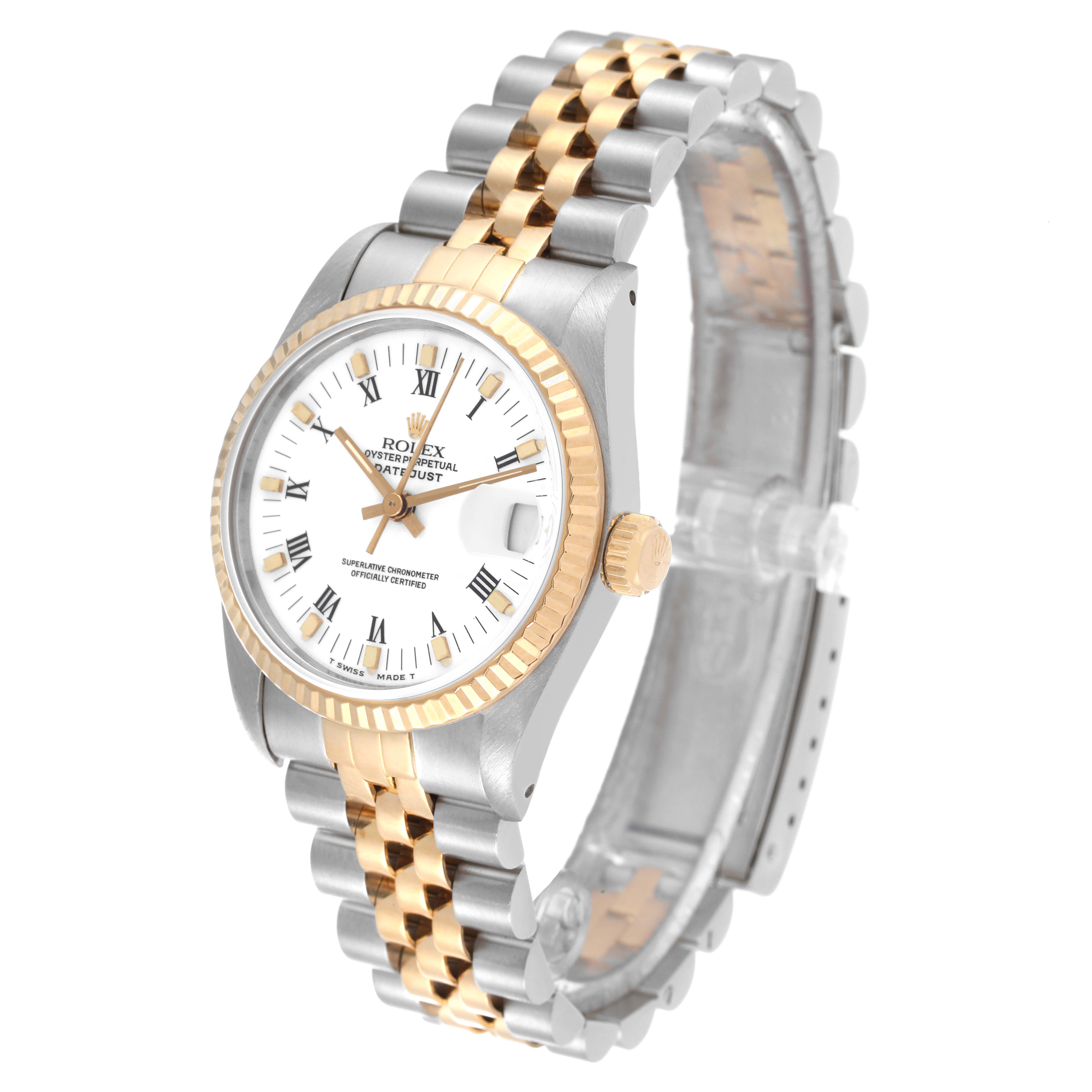 The image shows a Rolex Mid-Size 68273 Women
s Steel and Gold (two tone) White Dial 68273 Women
s Steel and Gold (two tone) White Dial Datejust watch at an angle displaying the face, bezel, crown, and part of the two-tone bracelet.