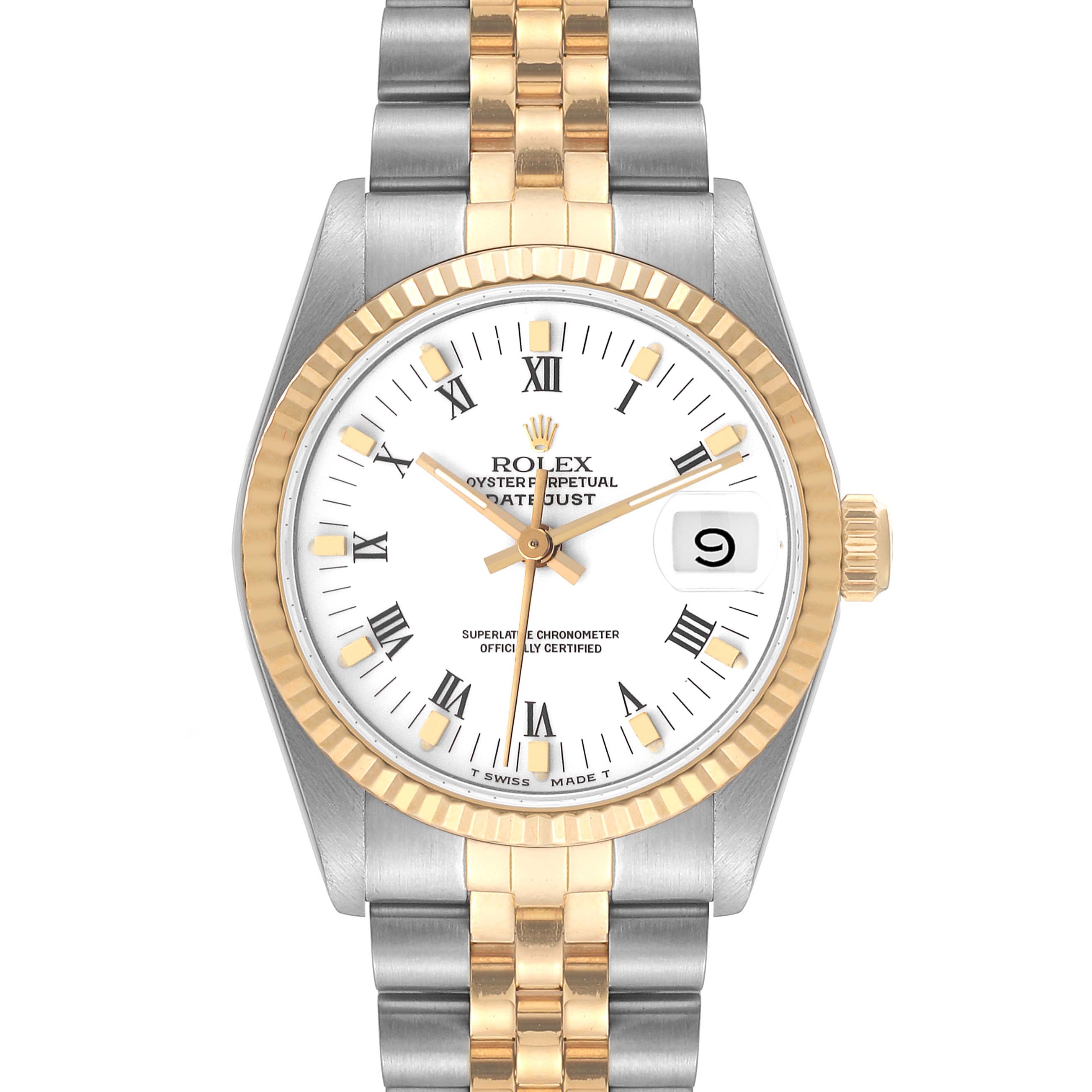 The image displays a Mid-Size Rolex Oyster Perpetual Datejust watch, front view, highlighting its gold and silver design with a white dial.
