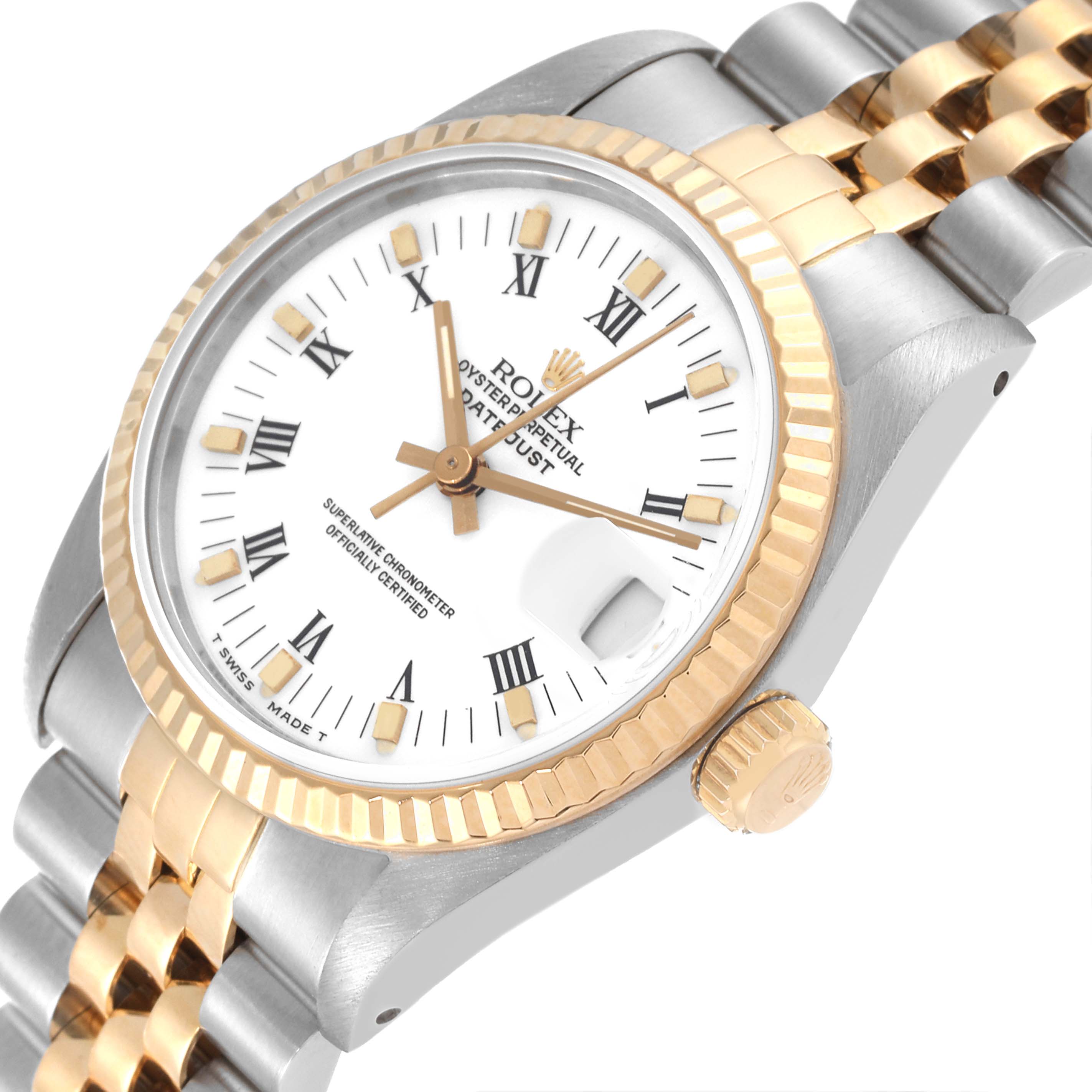 The image shows a Rolex Mid-Size 68273 Women
s Steel and Gold (two tone) White Dial 68273 Women
s Steel and Gold (two tone) White Dial Datejust watch from a front angle, highlighting the dial, fluted bezel, and Jubilee bracelet.