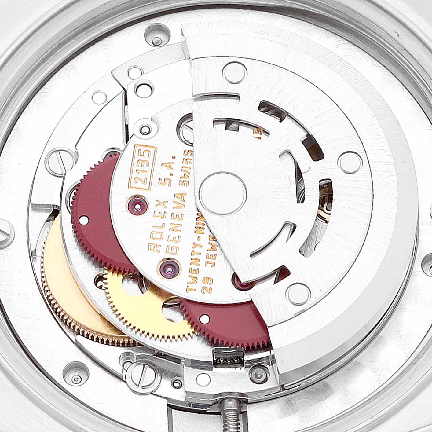 This image shows a close-up view of the movement mechanism of a Rolex Mid-Size 68273 Women
s Steel and Gold (two tone) White Dial 68273 Women
s Steel and Gold (two tone) White Dial model watch.