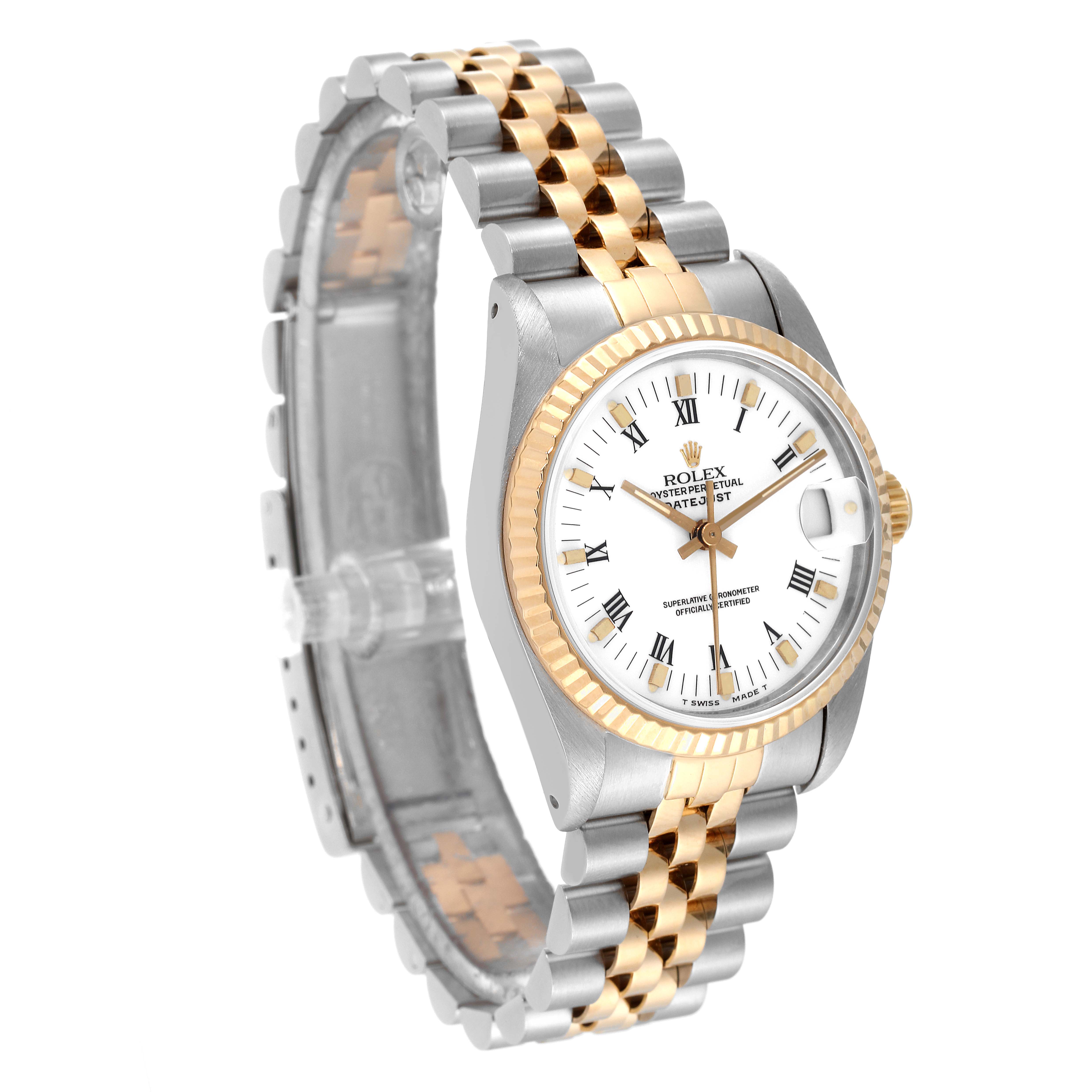 The Rolex Mid-Size 68273 Women
s Steel and Gold (two tone) White Dial 68273 Women
s Steel and Gold (two tone) White Dial watch is shown at a three-quarter angle, displaying its gold and silver bracelet, bezel, and white dial with Roman numerals.