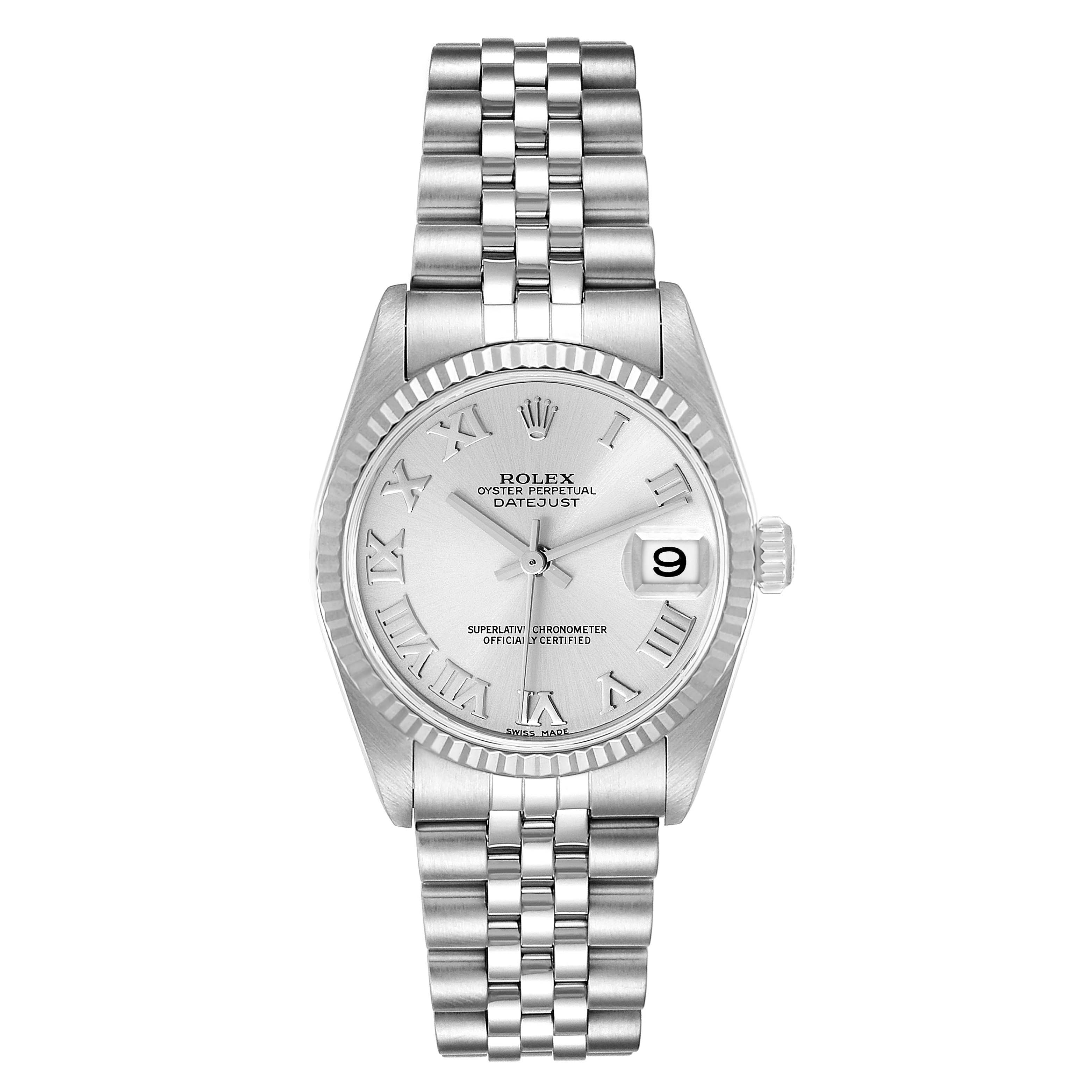 The image shows a front view of a silver Rolex Datejust Mid-Size watch, including its dial, bezel, bracelet, and date window.