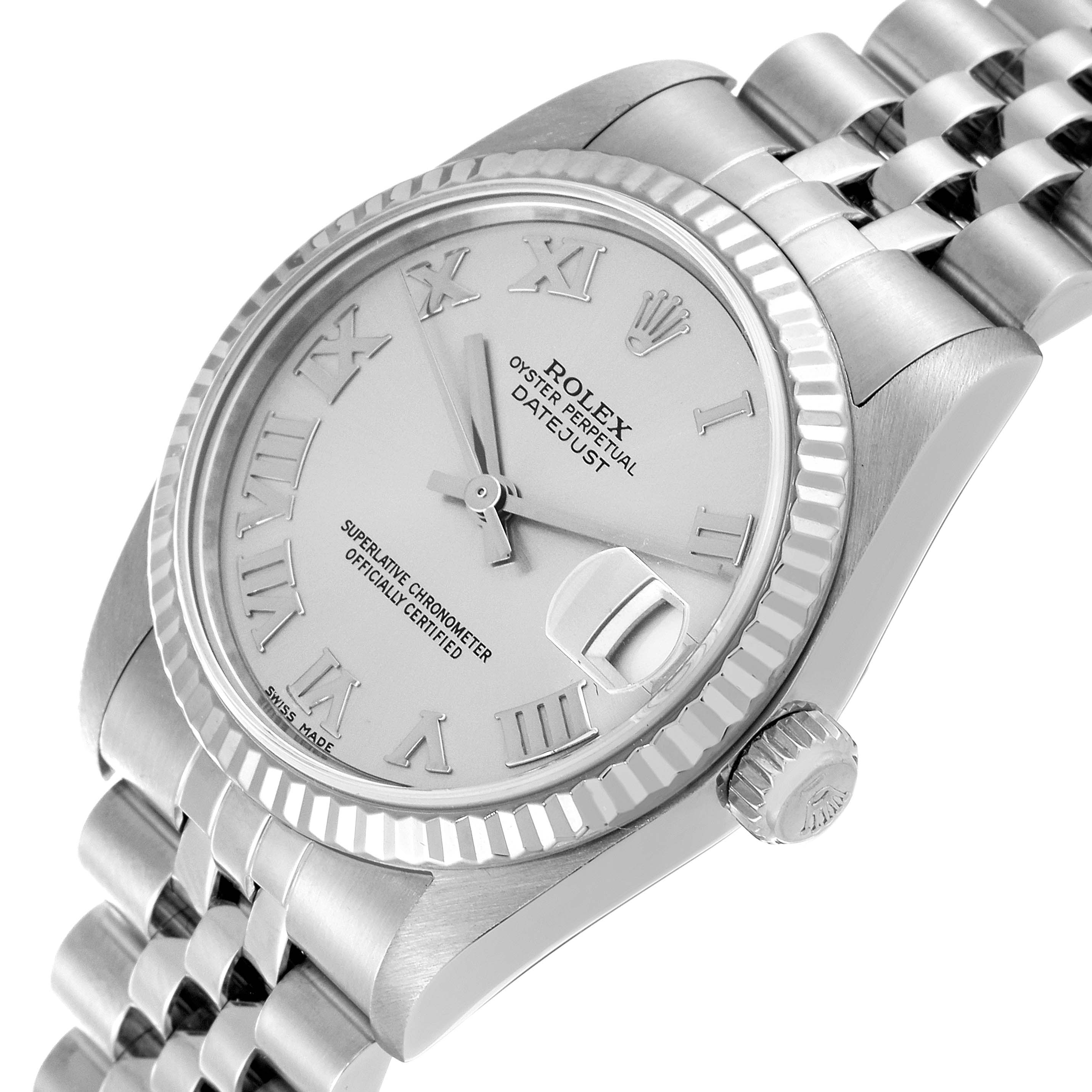 This image shows a close-up side angle of the Rolex Mid-Size 78274 Women
s Stainless Steel Silver Dial 78274 Women
s Stainless Steel Silver Dial Datejust watch, highlighting the dial, bezel, and part of the bracelet.