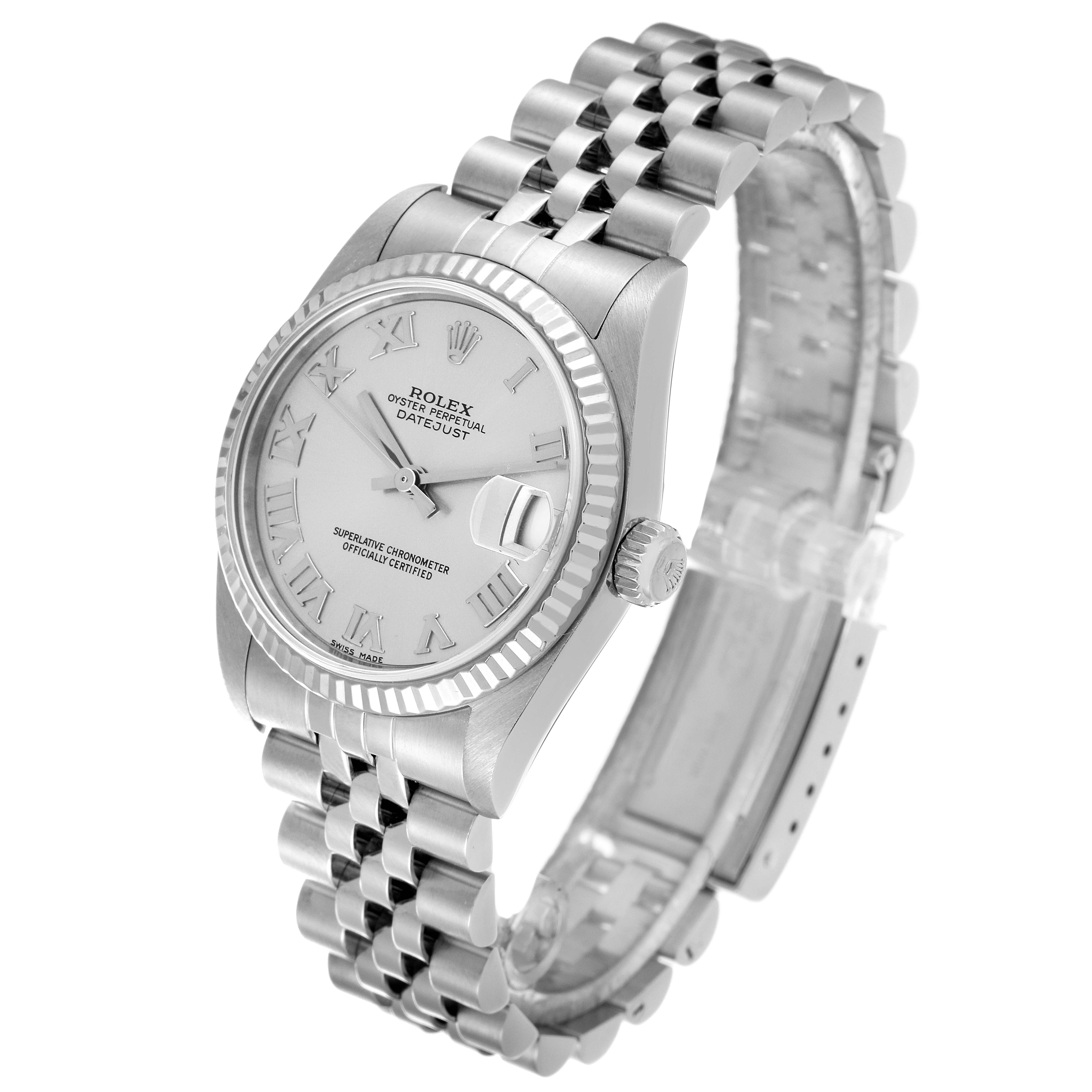 The image shows a Rolex Mid-Size 78274 Women
s Stainless Steel Silver Dial 78274 Women
s Stainless Steel Silver Dial watch viewed at a three-quarter angle, highlighting the face, bezel, and bracelet.