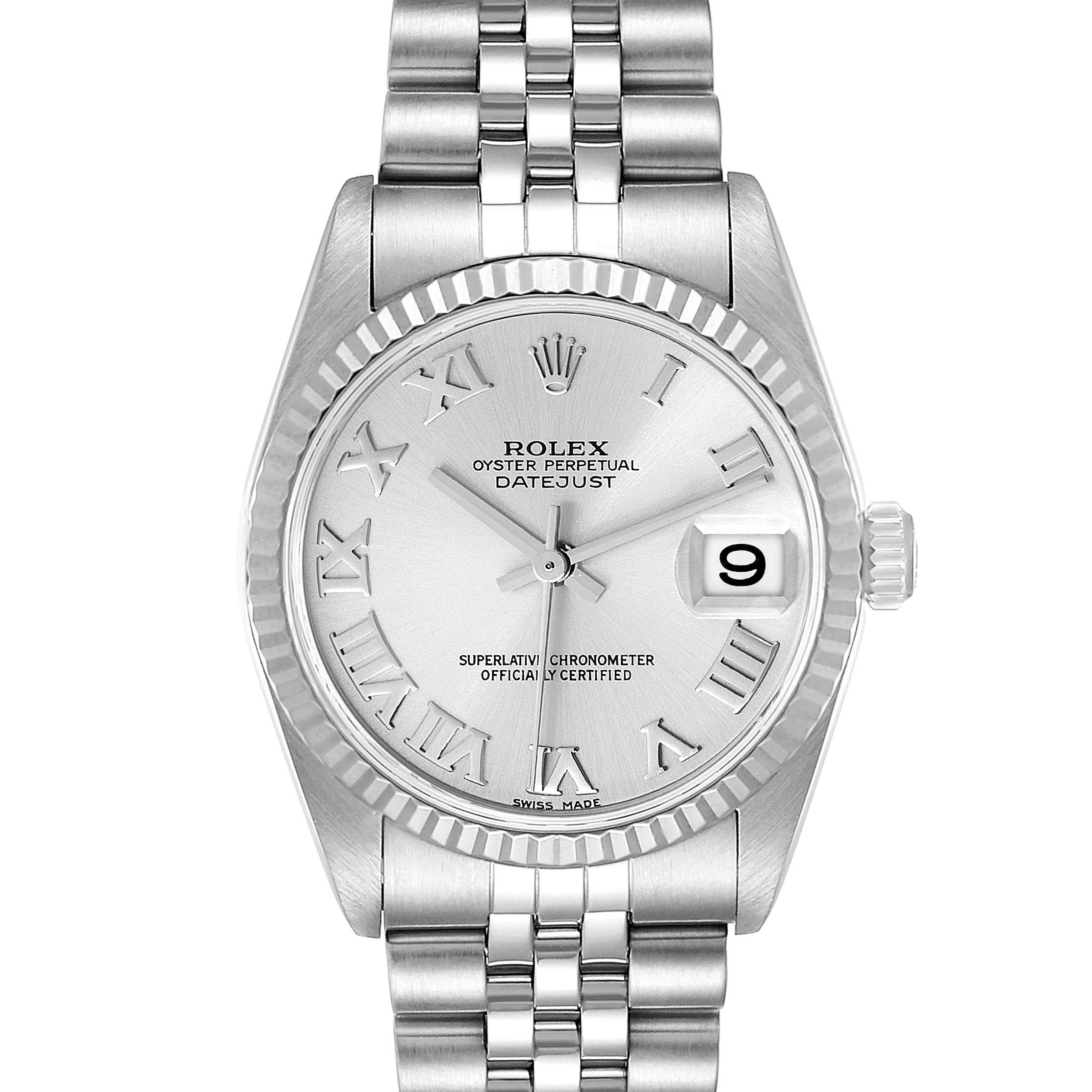 This image shows a front angle of a Rolex Oyster Perpetual Datejust Mid-Size watch, detailing its bracelet, bezel, dial, and crown.