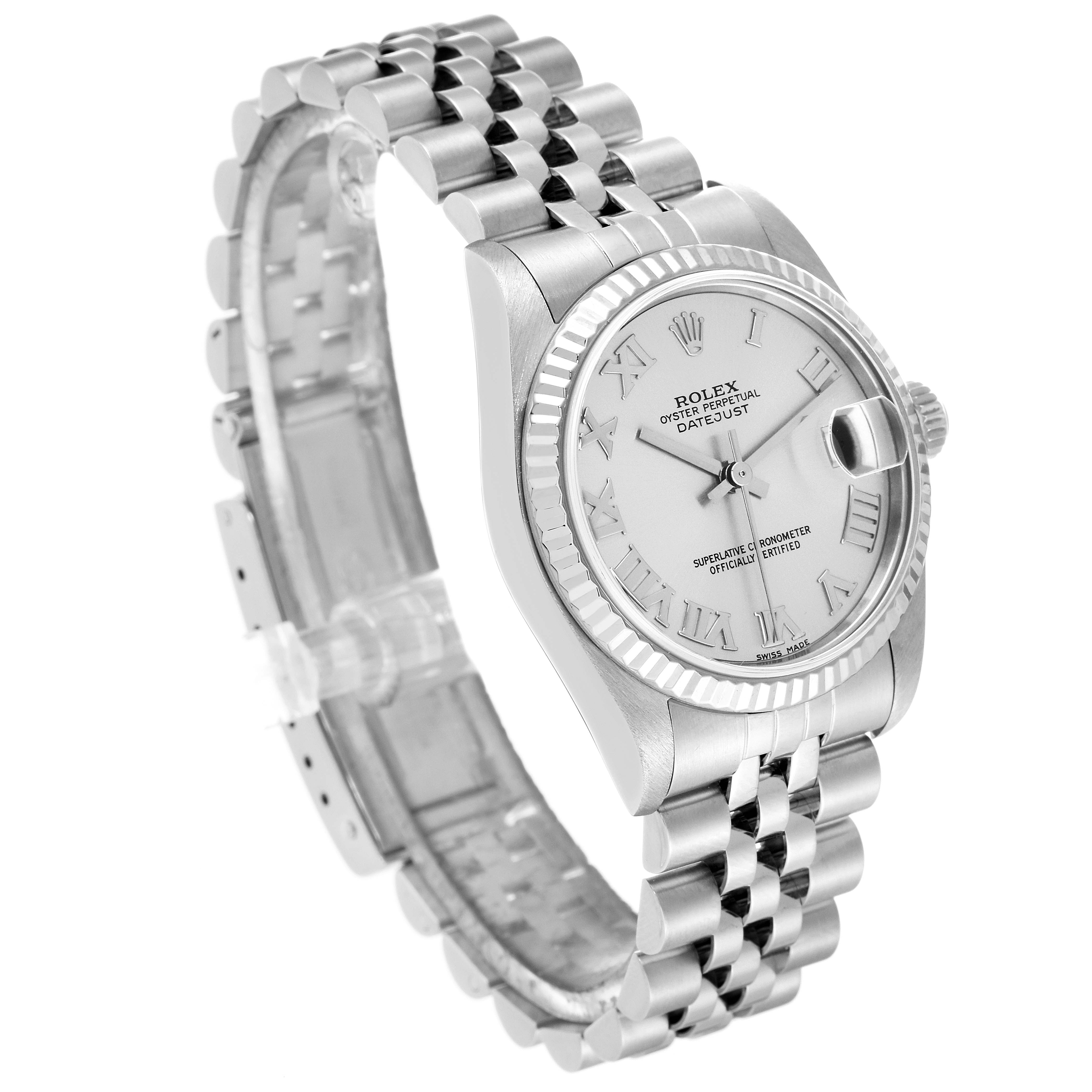 This image shows a side-angle view of a Rolex Mid-Size 78274 Women
s Stainless Steel Silver Dial 78274 Women
s Stainless Steel Silver Dial Datejust watch featuring its face, bezel, and Jubilee bracelet.