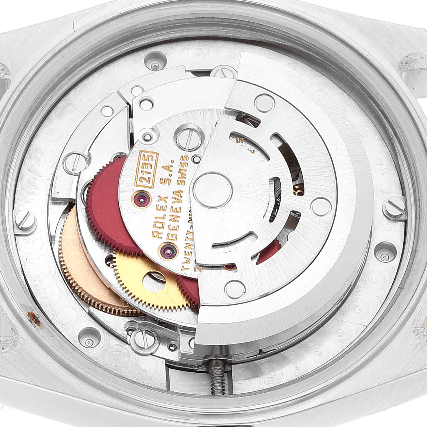 This image shows the internal mechanical movement of a Rolex Mid-Size 68273 Women
s Steel and Gold (two tone) Champagne Dial 68273 Women
s Steel and Gold (two tone) Champagne Dial model watch, viewed from the back.