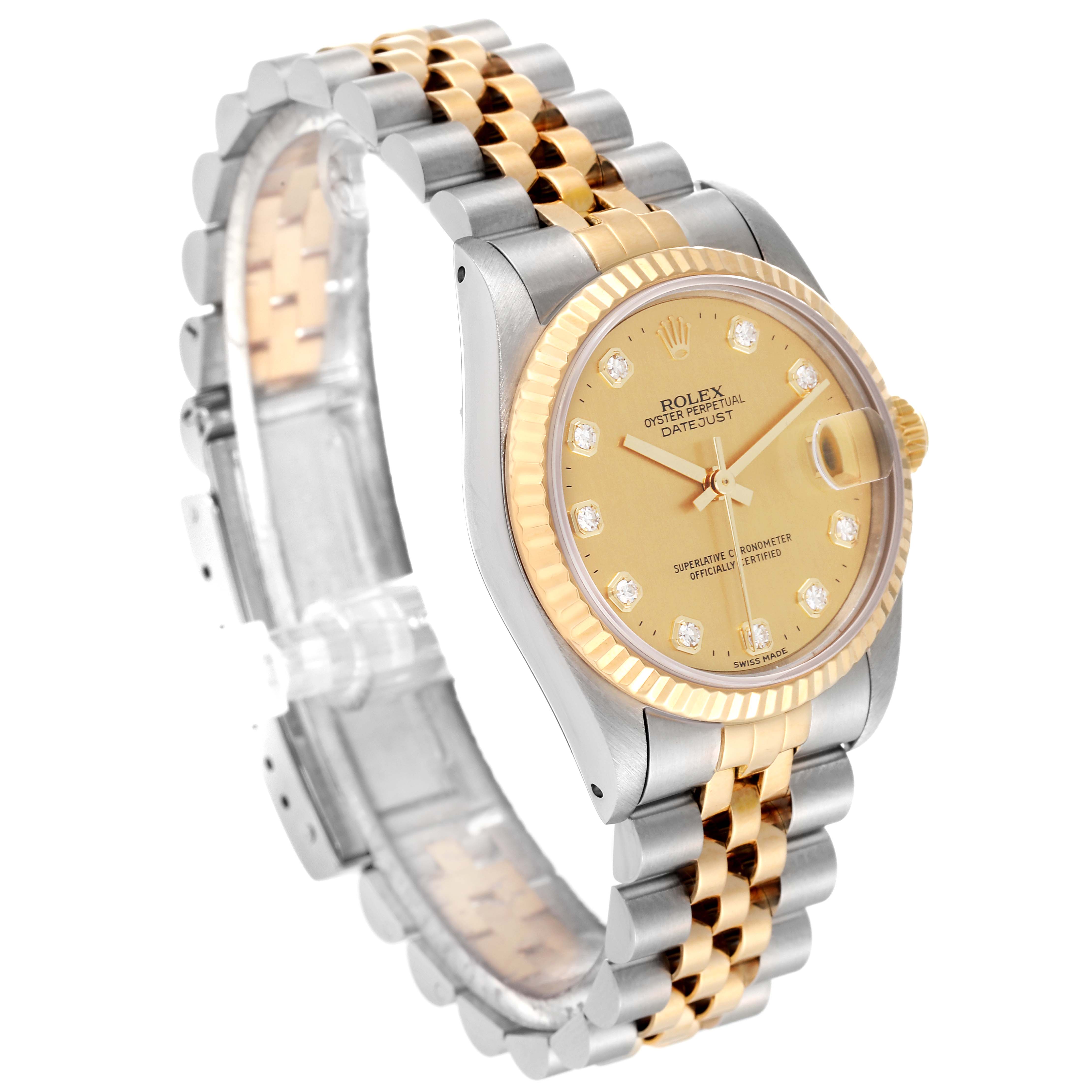 The image shows a Rolex Datejust Mid-Size watch at an angled view displaying its face, bezel, and bi-color bracelet.