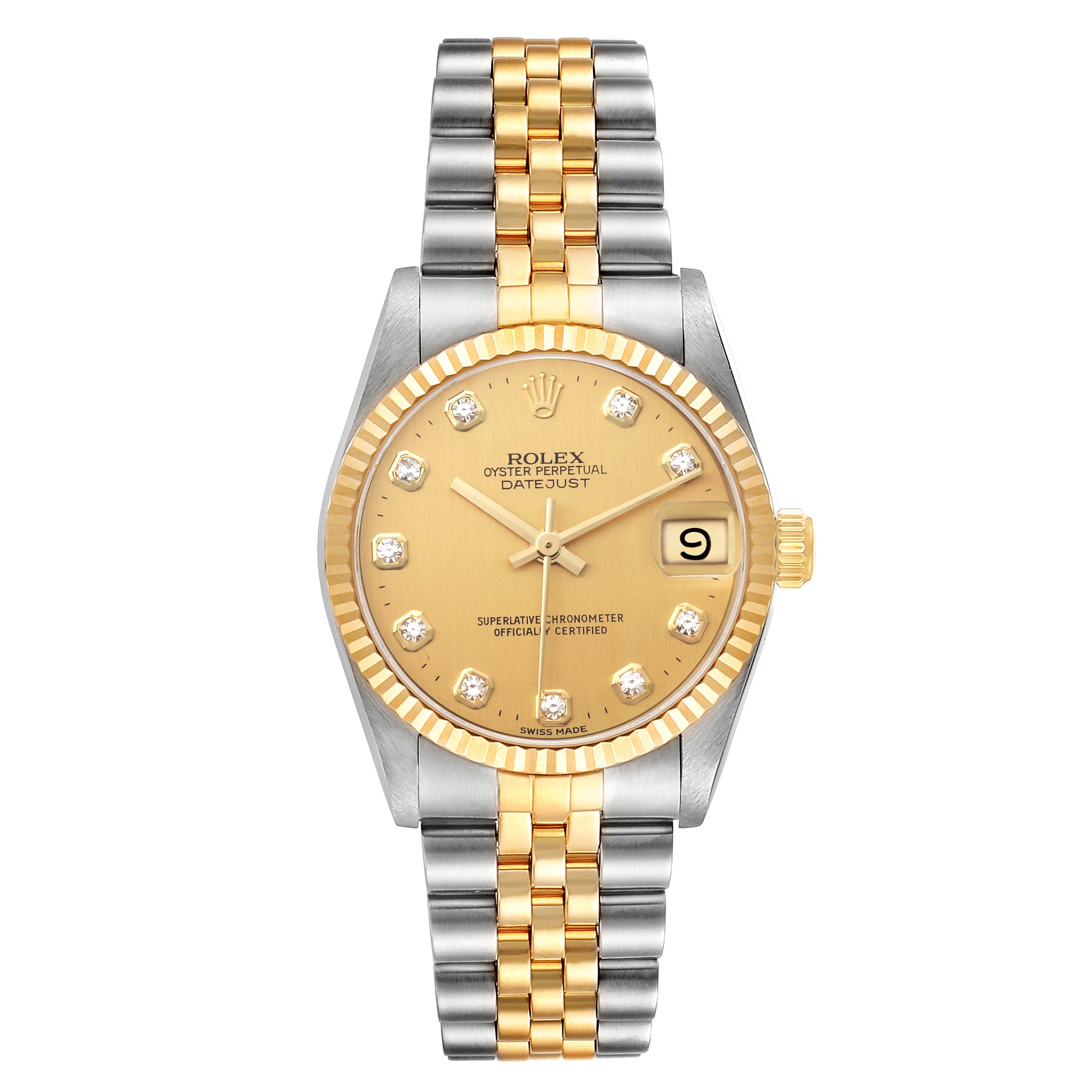 This image shows a front view of the Rolex Mid-Size 68273 Women
s Steel and Gold (two tone) Champagne Dial 68273 Women
s Steel and Gold (two tone) Champagne Dial Oyster Perpetual Datejust watch, highlighting its dial, bezel, and bracelet.