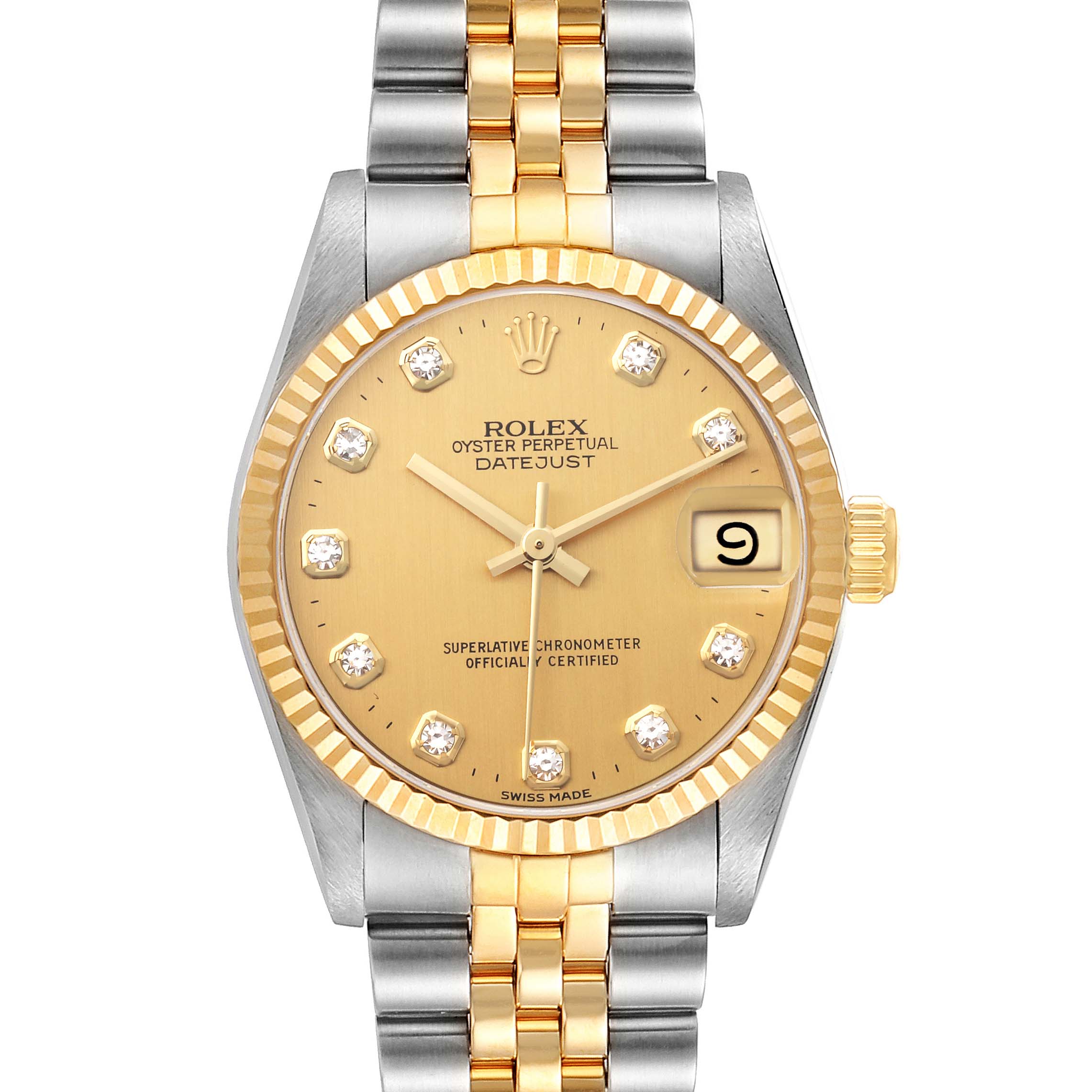 This Mid-Size Rolex watch is shown from a front angle, displaying the dial, bracelet, bezel, and date window.