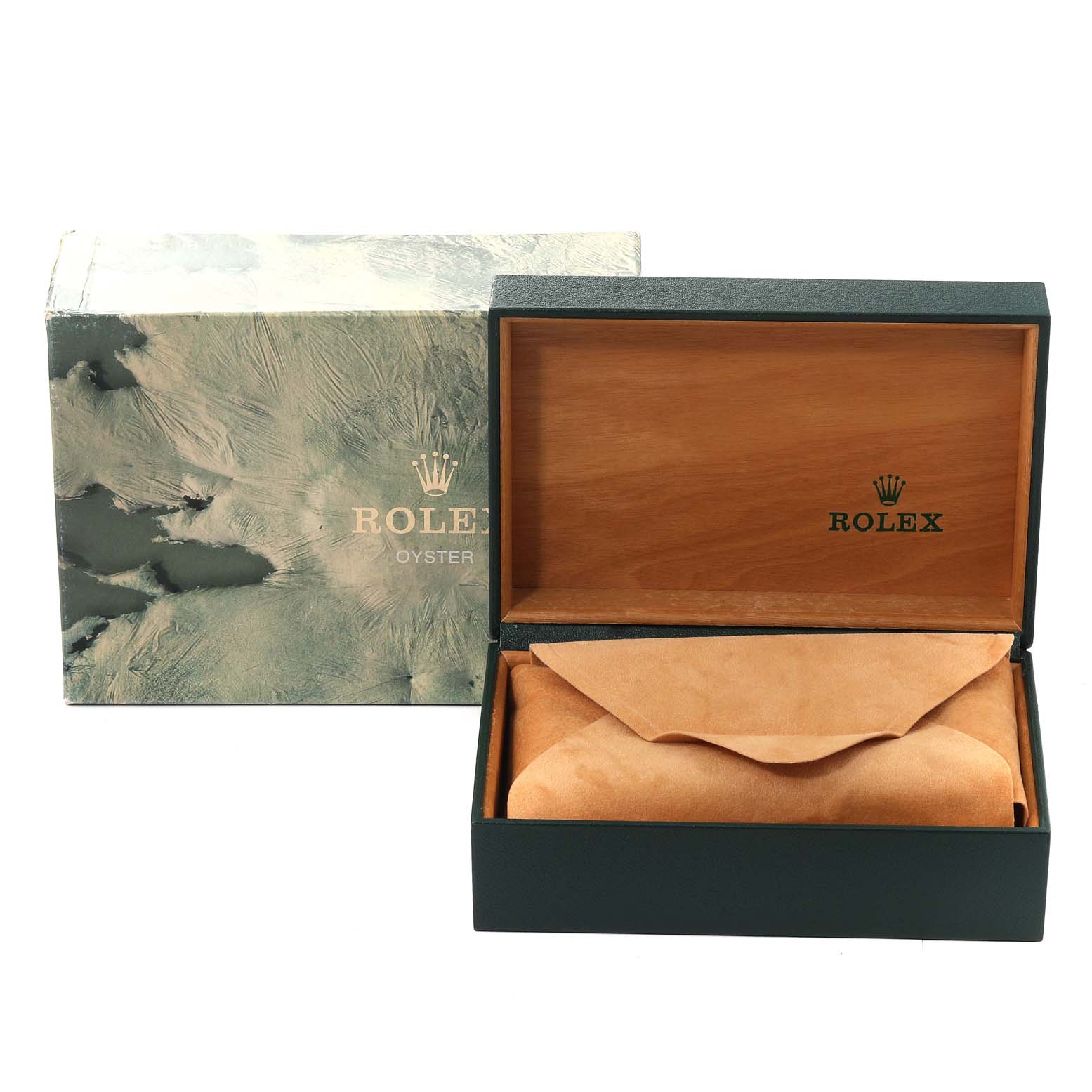 The image shows a Rolex Mid-Size 68273 Women
s Steel and Gold (two tone) Champagne Dial 68273 Women
s Steel and Gold (two tone) Champagne Dial watch box set, including an outer box, inner wooden box, and a suede pouch, all displayed from the front angle.