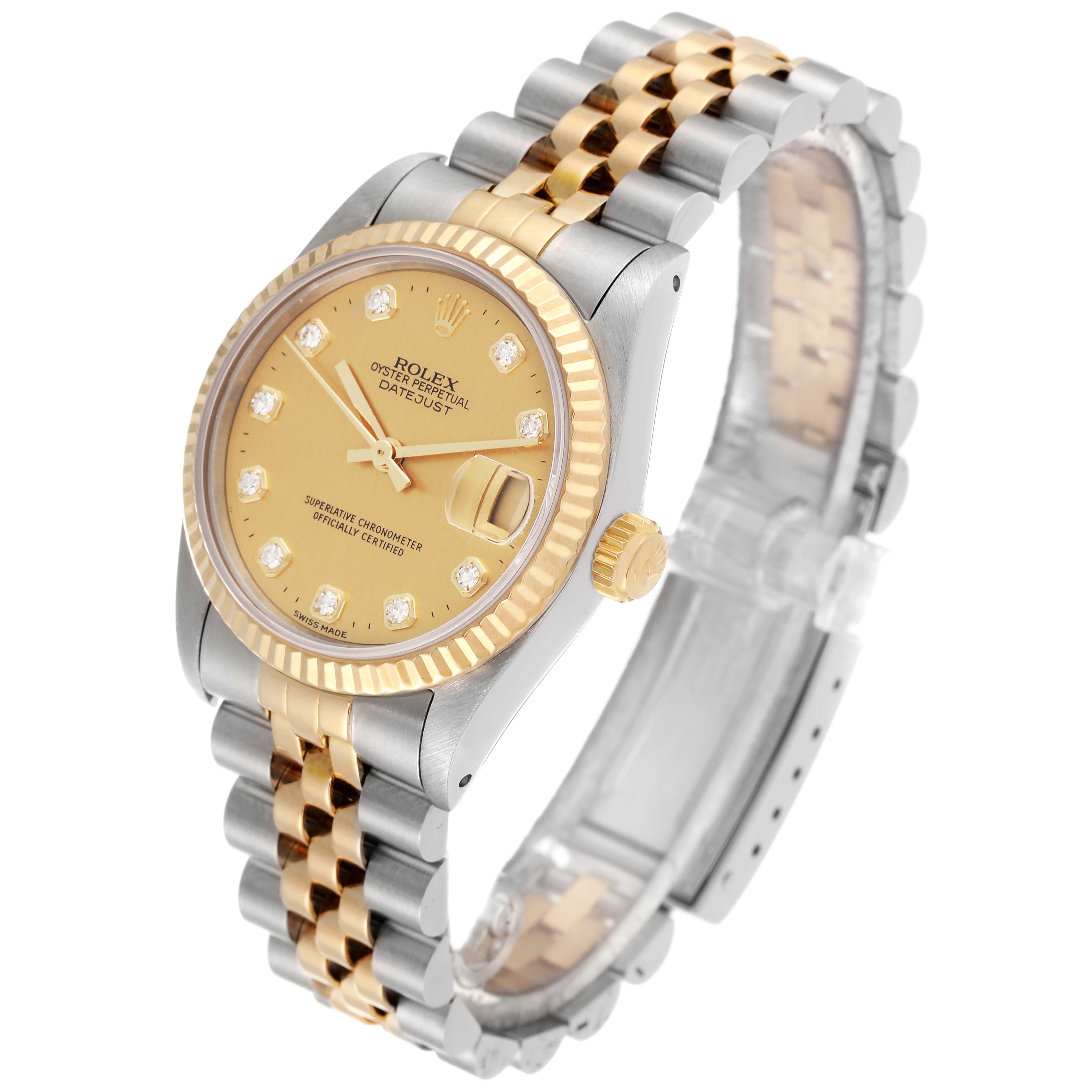 This Rolex Mid-Size 68273 Women
s Steel and Gold (two tone) Champagne Dial 68273 Women
s Steel and Gold (two tone) Champagne Dial model watch is shown at an angled view, highlighting the face, bezel, crown, and bracelet.