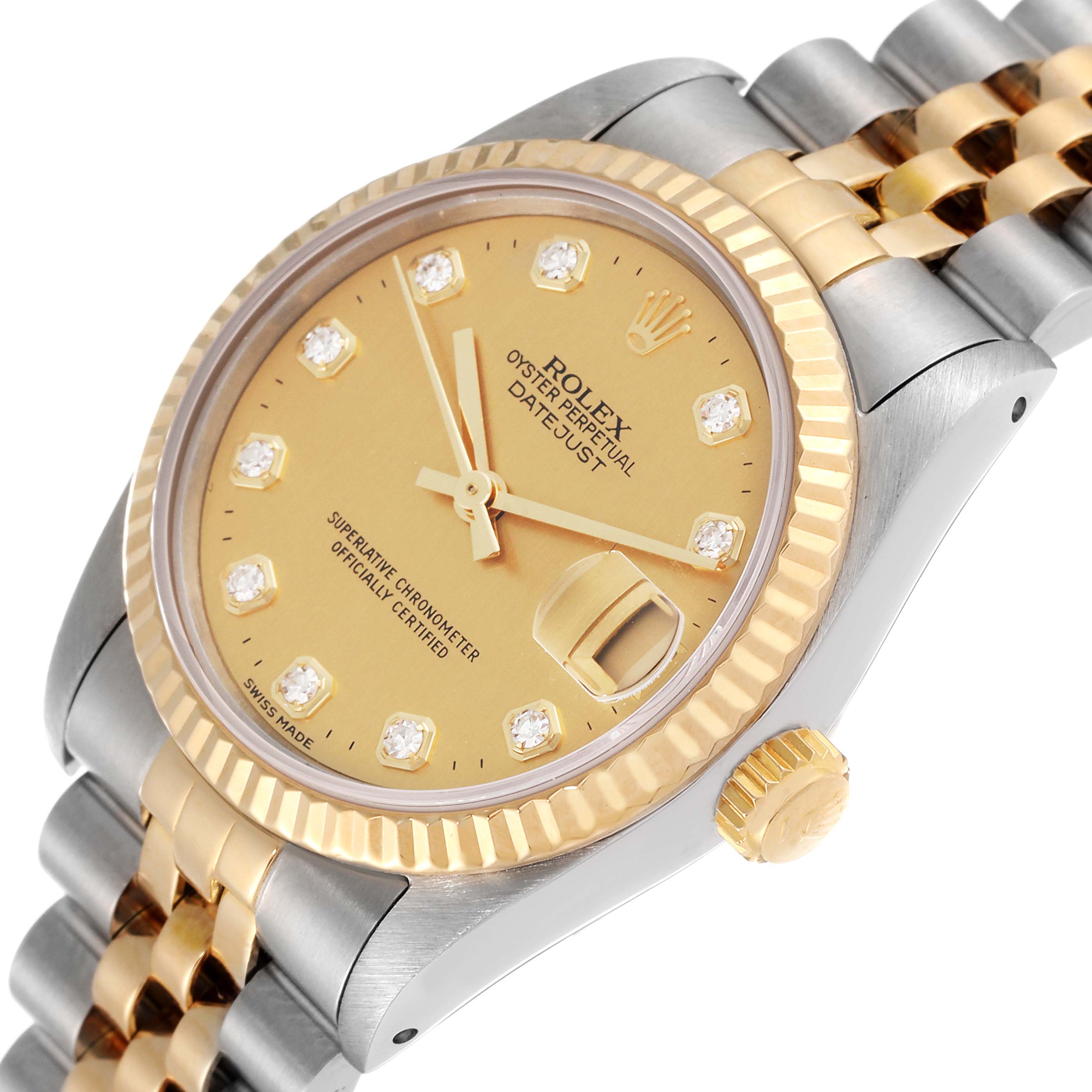 This image shows a close-up angle of a Rolex Mid-Size 68273 Women
s Steel and Gold (two tone) Champagne Dial 68273 Women
s Steel and Gold (two tone) Champagne Dial Datejust watch, displaying the gold dial, bezel, and part of the bracelet.