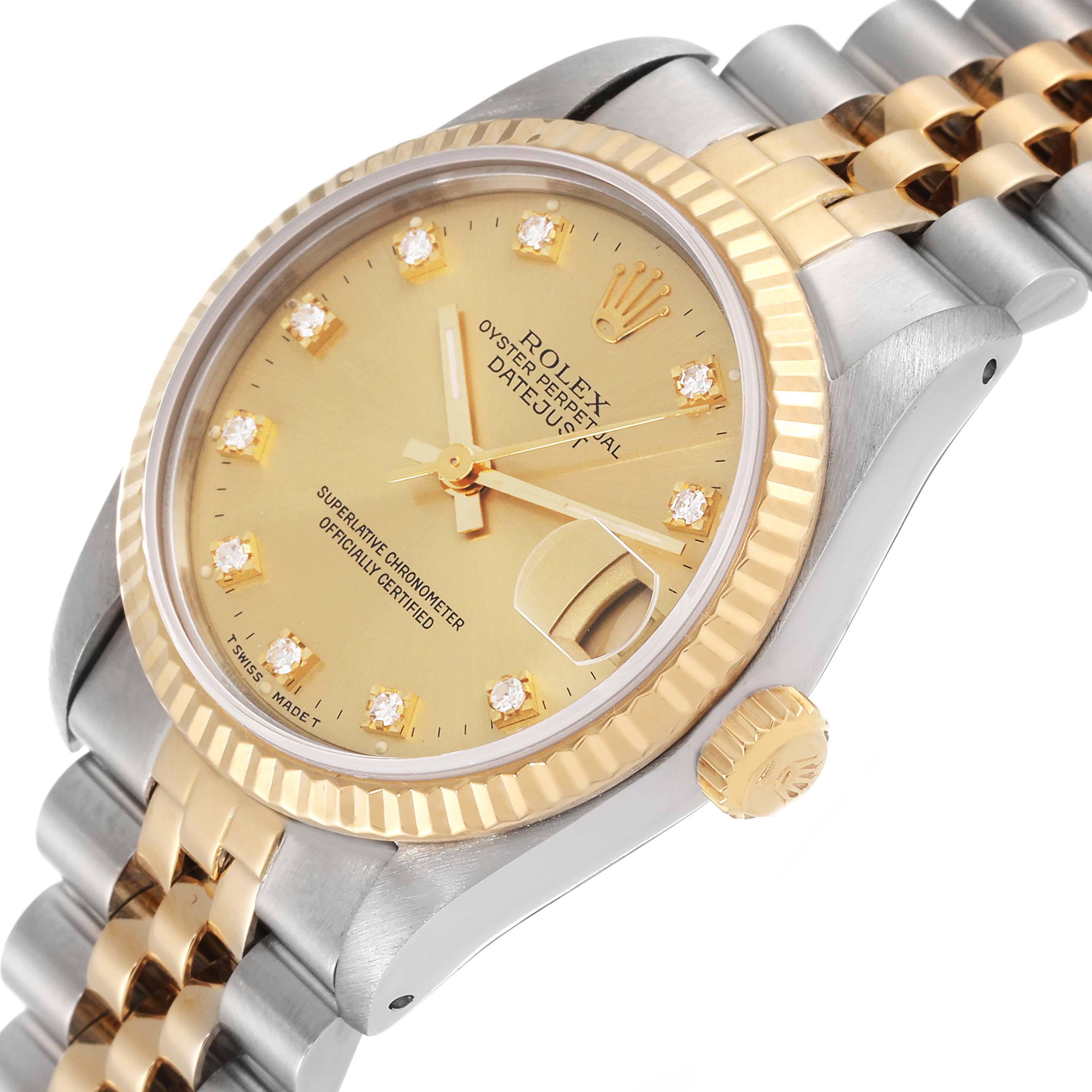 The Rolex Mid-Size 68273 Women
s Steel and Gold (two tone) Champagne Dial 68273 Women
s Steel and Gold (two tone) Champagne Dial Datejust watch is shown at an angle highlighting the dial, bezel, crown, and bracelet.