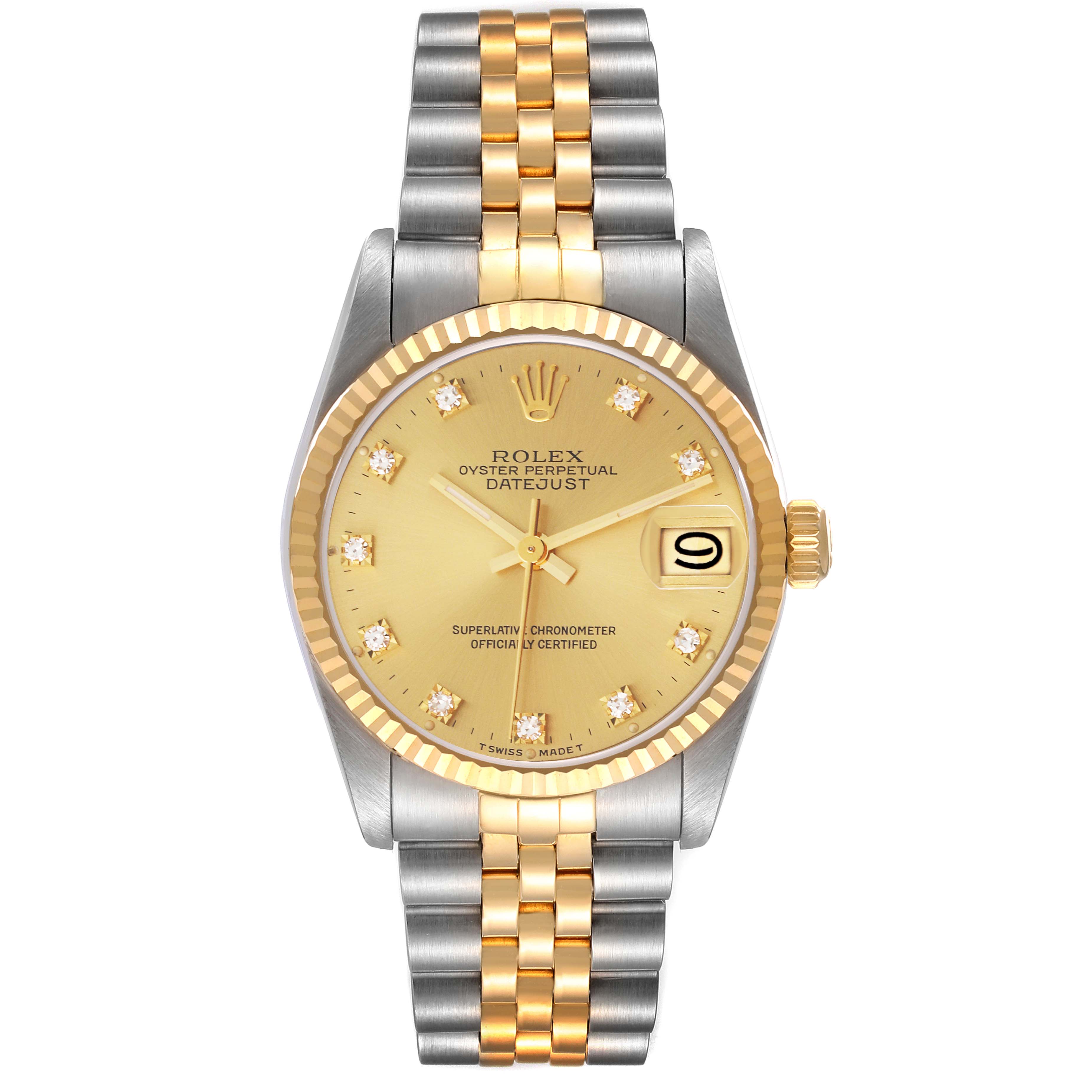This image shows a front view of a Rolex Datejust Mid-Size watch with a gold and stainless steel Jubilee bracelet.
