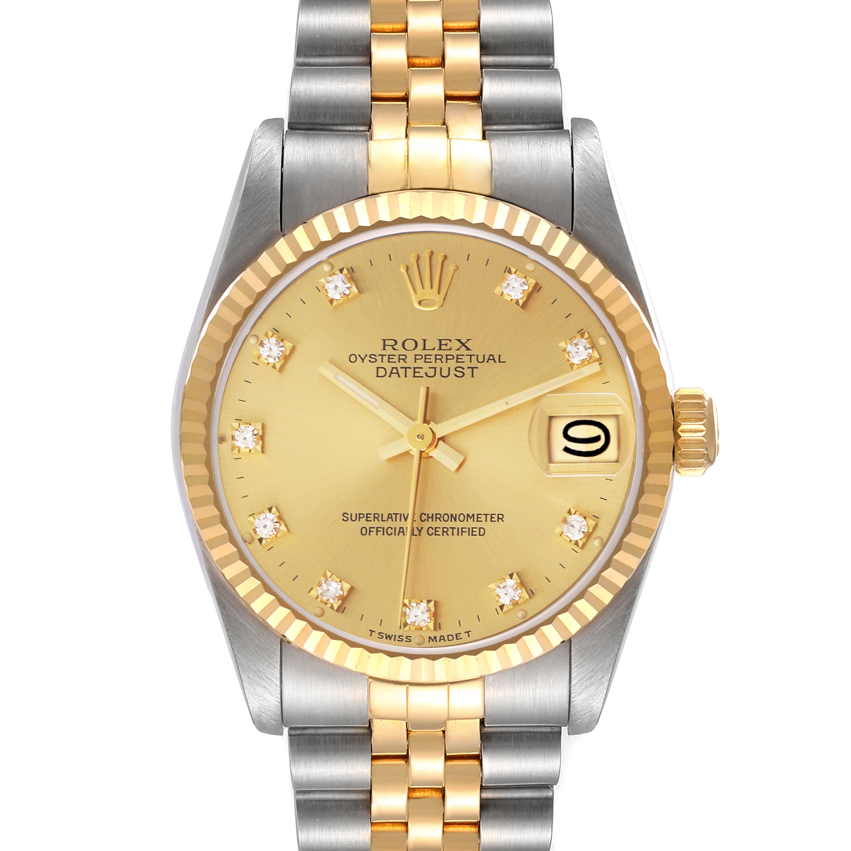 The Rolex Mid-Size 68273 Women
s Steel and Gold (two tone) Champagne Dial 68273 Women
s Steel and Gold (two tone) Champagne Dial Oyster Perpetual Datejust watch is shown from the front, displaying its dial, bezel, and bracelet.