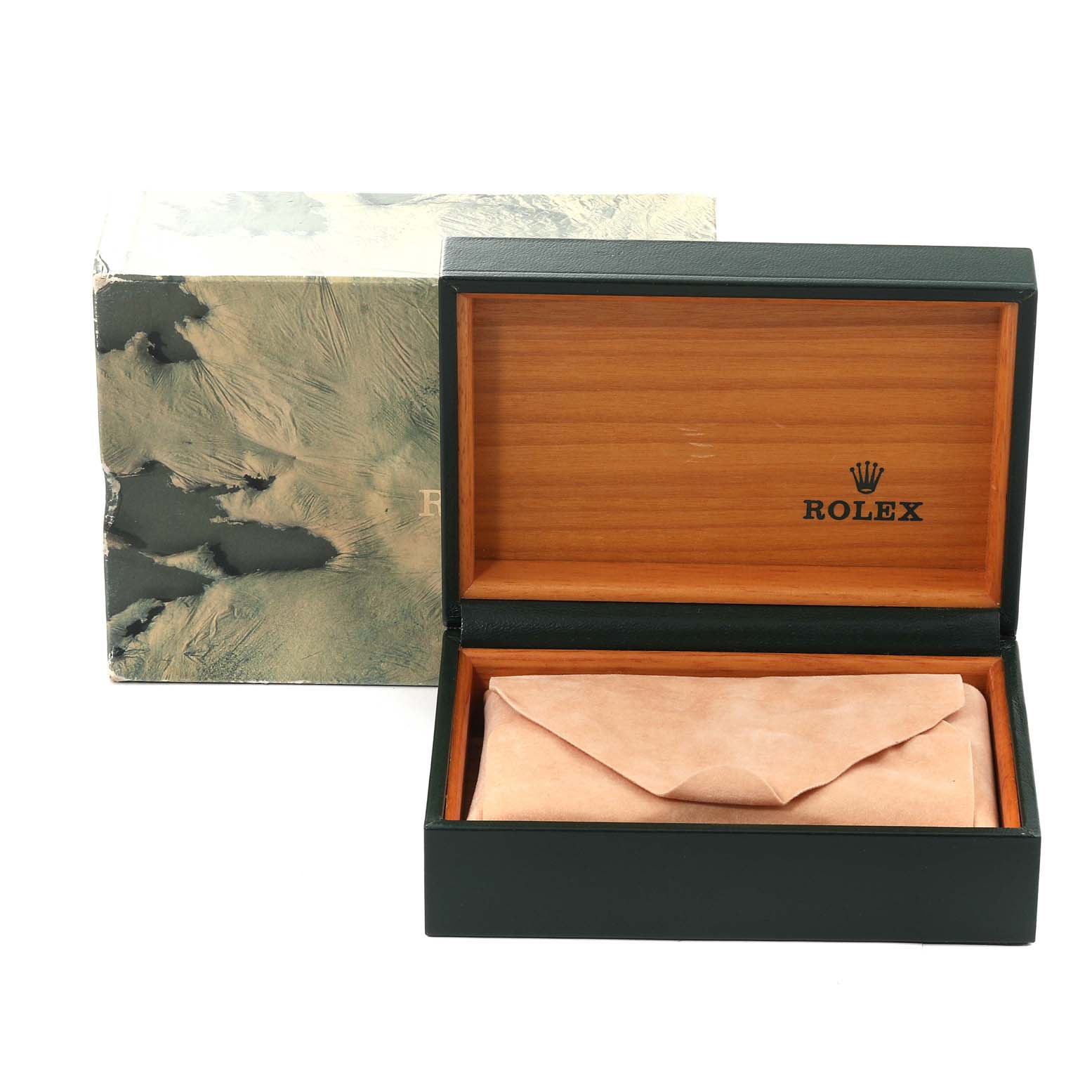 The image shows an open wooden Rolex box with a cushion inside, meant for a Mid-Size model watch, alongside a decorative outer box.