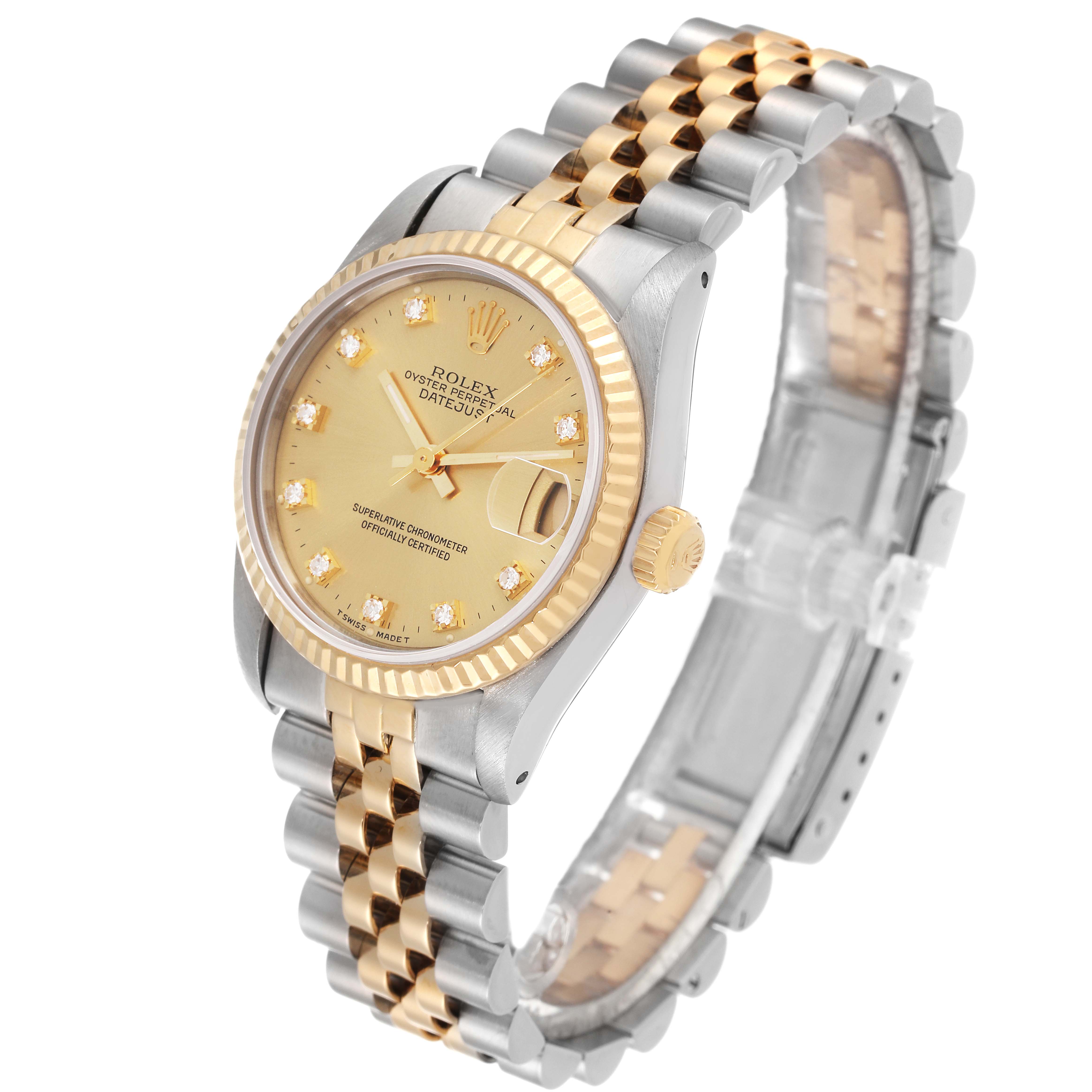This is a Rolex Mid-Size 68273 Women
s Steel and Gold (two tone) Champagne Dial 68273 Women
s Steel and Gold (two tone) Champagne Dial Datejust watch shown at a three-quarters angle, highlighting its gold and silver bracelet and dial.