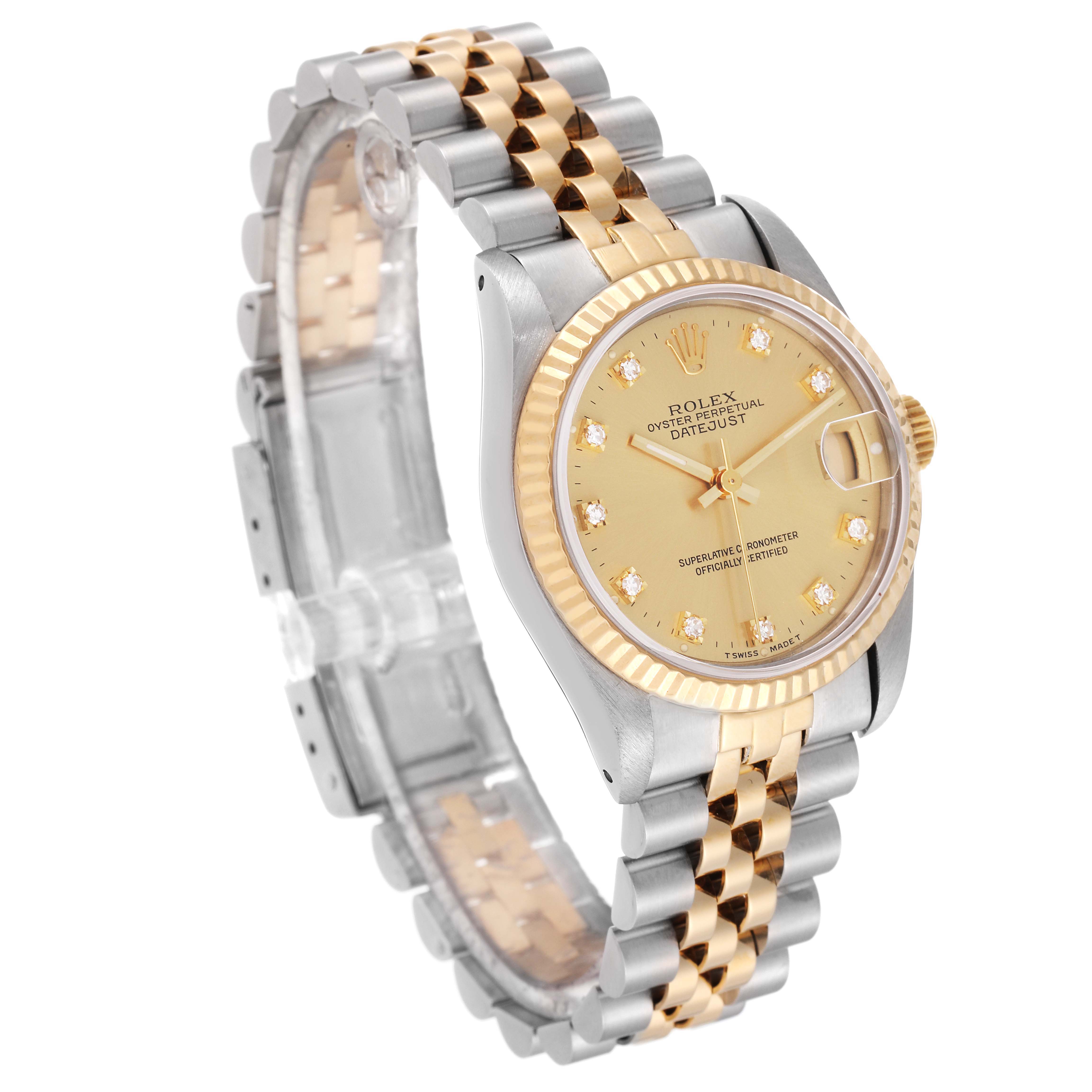The image shows a Rolex Oyster Perpetual Datejust Mid-Size watch at a three-quarter angle, highlighting its face, bezel, and bracelet.
