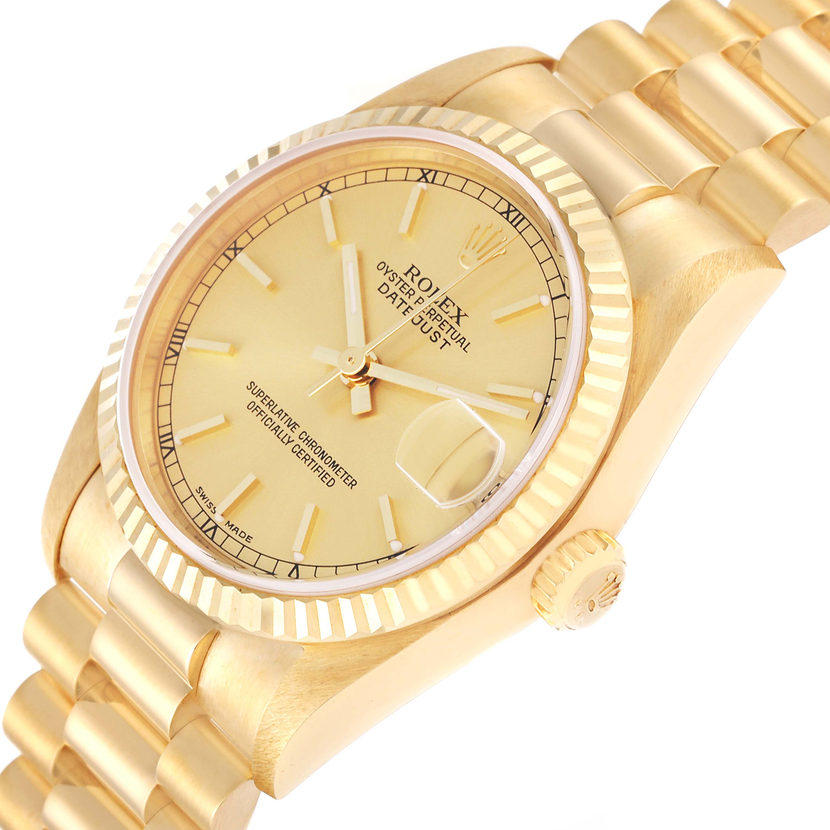 The image shows an angled side view of a Rolex President 78278 Women's Yellow Gold Champagne Dial 78278 Women's Yellow Gold Champagne Dial model watch, showcasing the dial, bezel, crown, and part of the bracelet.