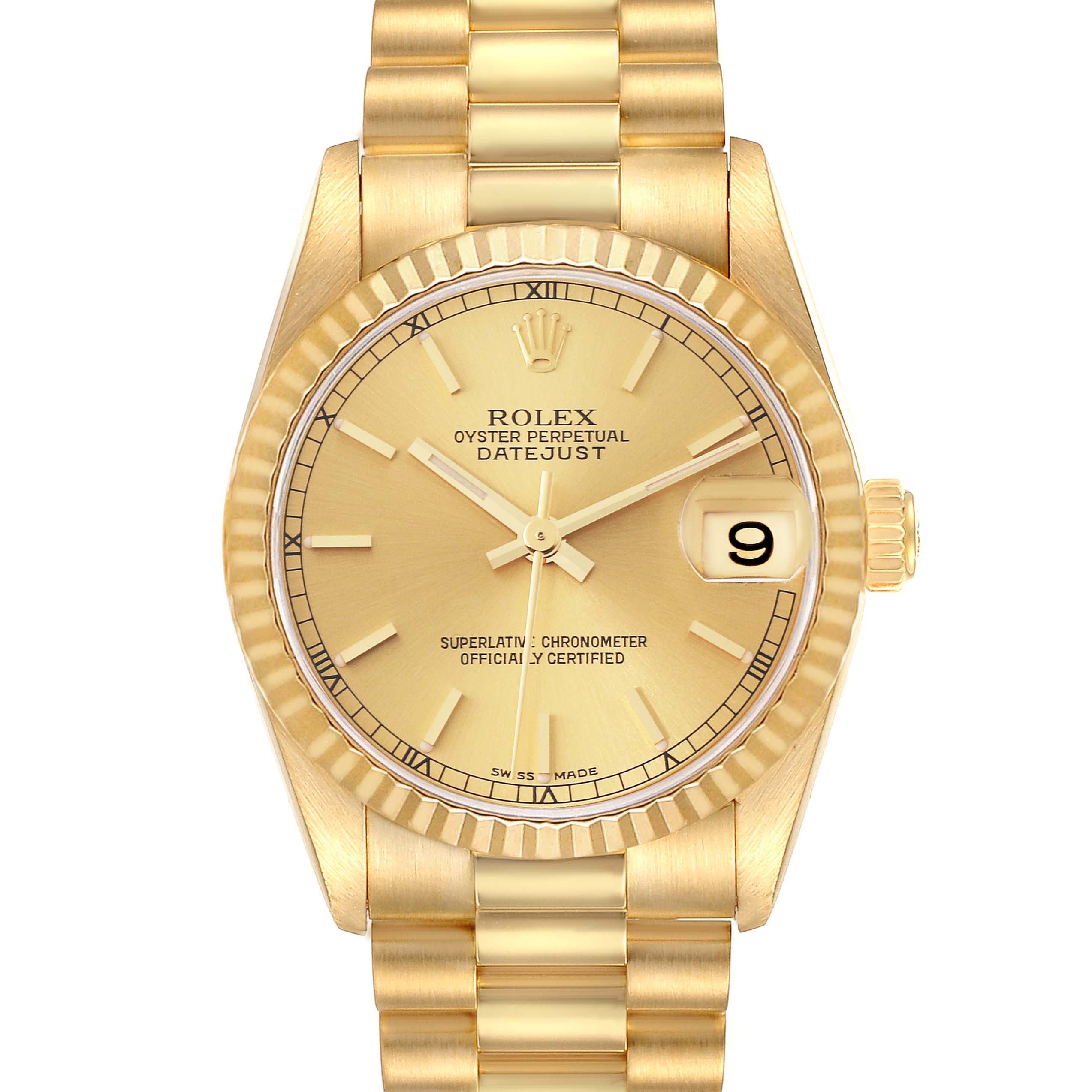 This image shows a frontal view of a Rolex President 78278 Women's Yellow Gold Champagne Dial 78278 Women's Yellow Gold Champagne Dial model Datejust watch, highlighting its gold dial, bezel, and bracelet.