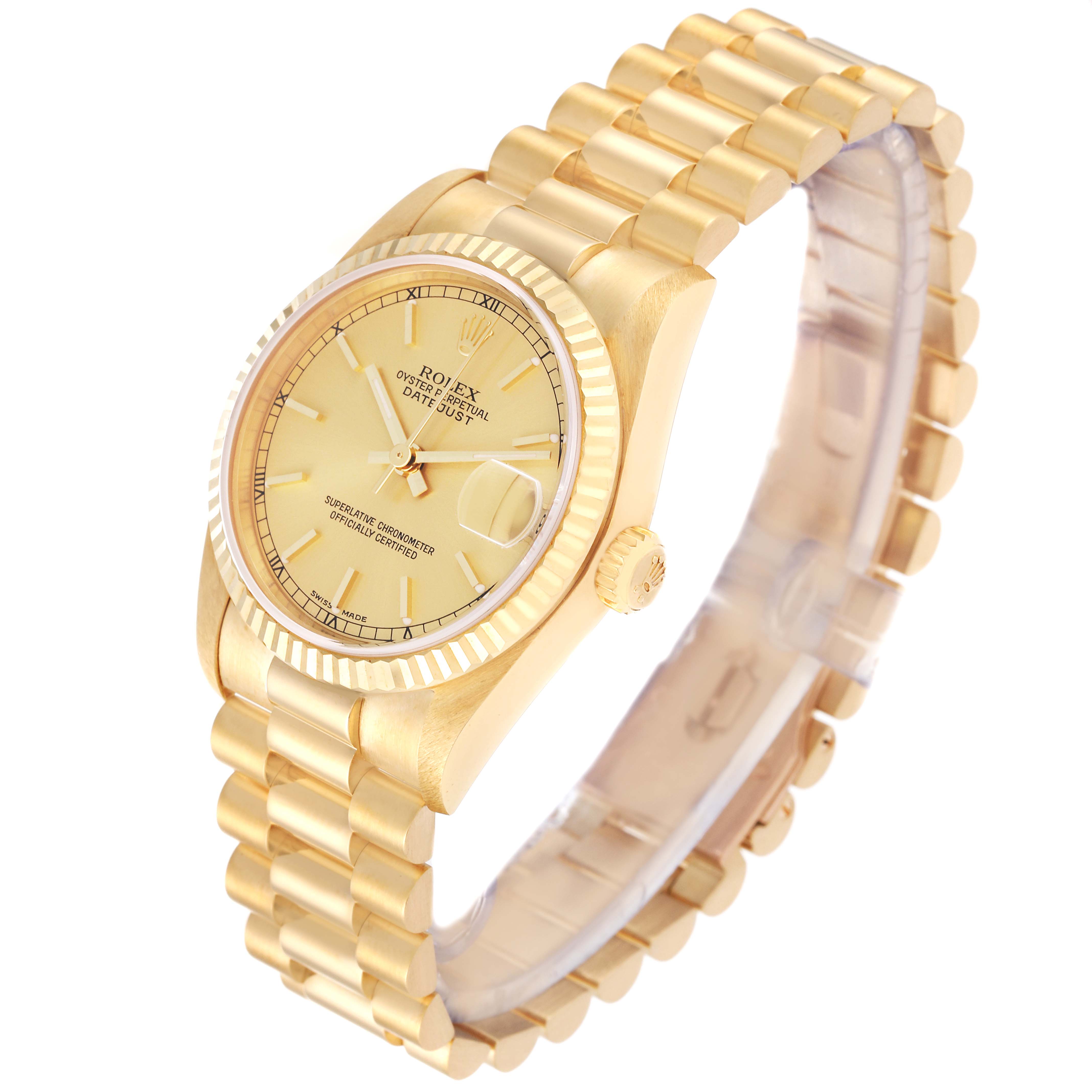 The Rolex President 78278 Women's Yellow Gold Champagne Dial 78278 Women's Yellow Gold Champagne Dial model watch is shown from a three-quarter angle, featuring its face, bezel, crown, and linked bracelet.