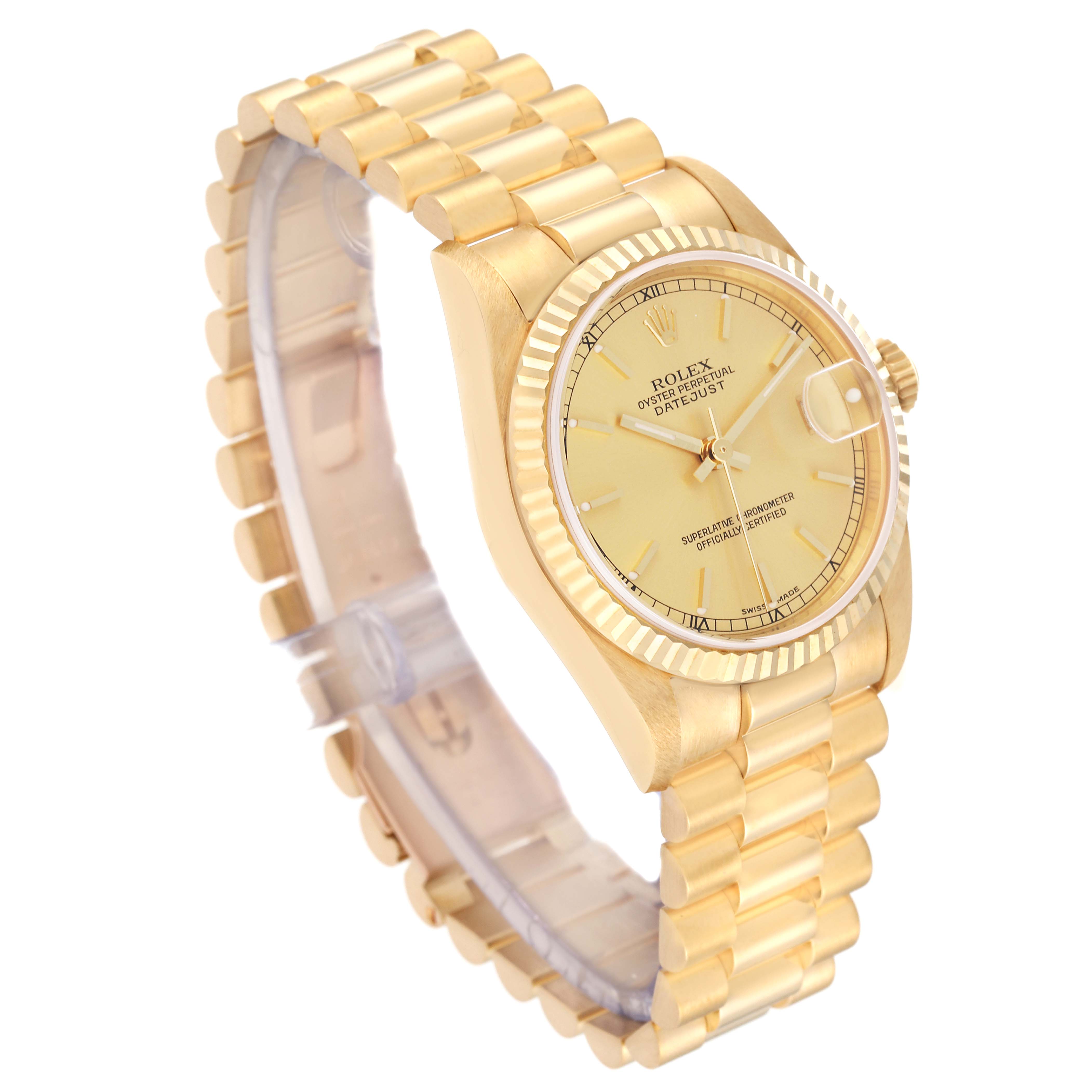 The image shows a Rolex President 78278 Women's Yellow Gold Champagne Dial 78278 Women's Yellow Gold Champagne Dial model watch at a slight angle, displaying the dial, bezel, and bracelet.
