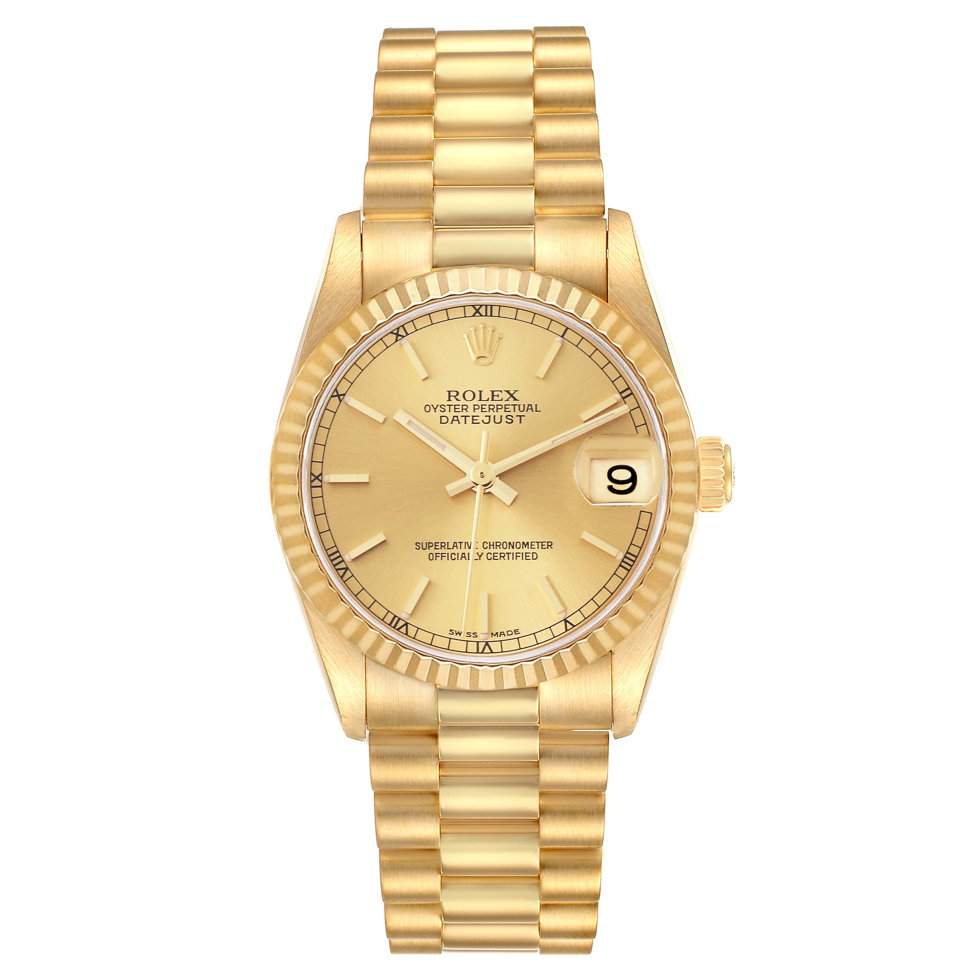 The image shows a front view of a Rolex President 78278 Women's Yellow Gold Champagne Dial 78278 Women's Yellow Gold Champagne Dial model watch, displaying its gold bracelet, dial, and fluted bezel.