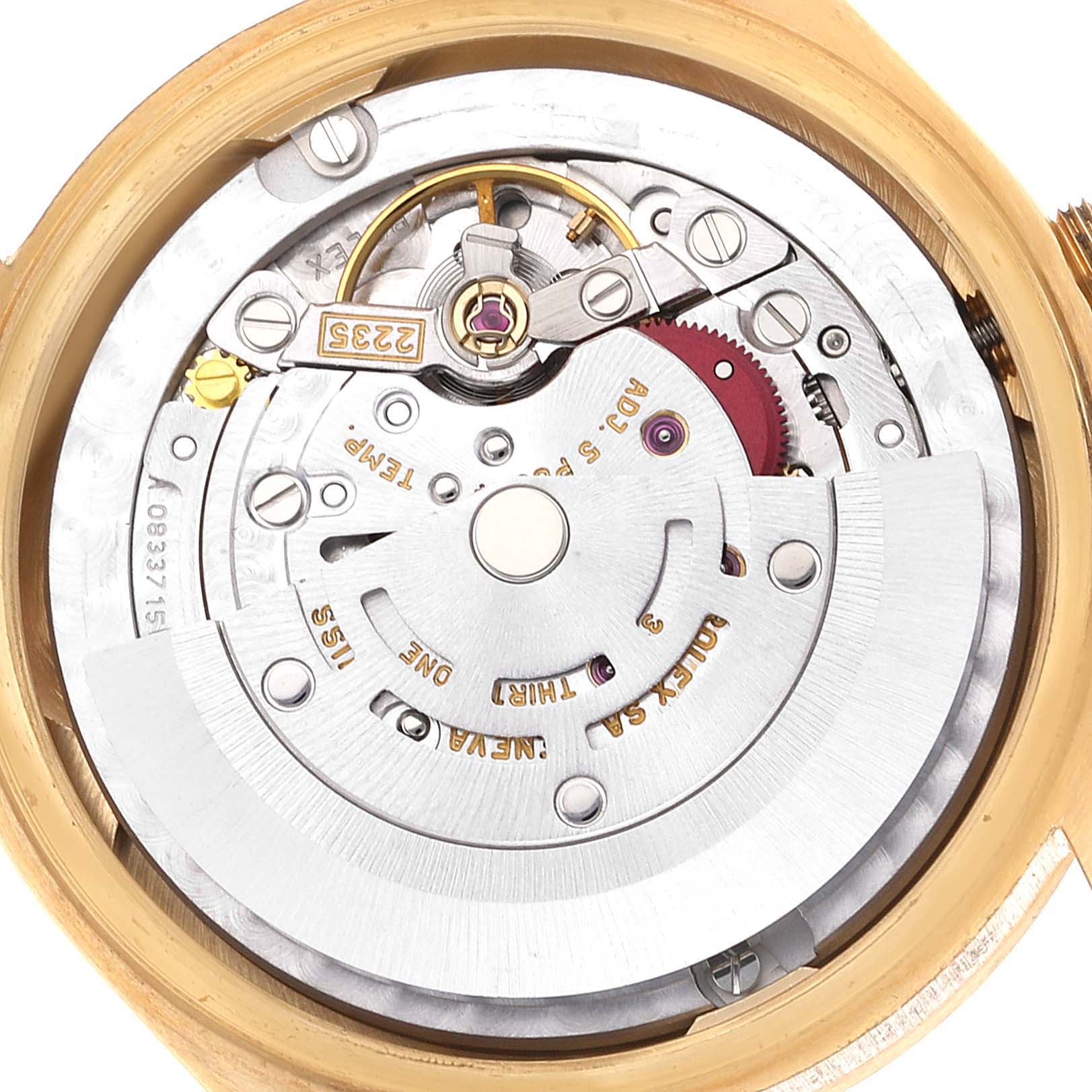 The image shows a close-up view of the movement and internal mechanics of a Rolex President 78278 Women's Yellow Gold Champagne Dial 78278 Women's Yellow Gold Champagne Dial model watch.