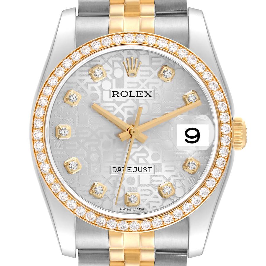 The Rolex Datejust watch is shown from a top view, highlighting its diamond bezel, dial, and two-tone bracelet.