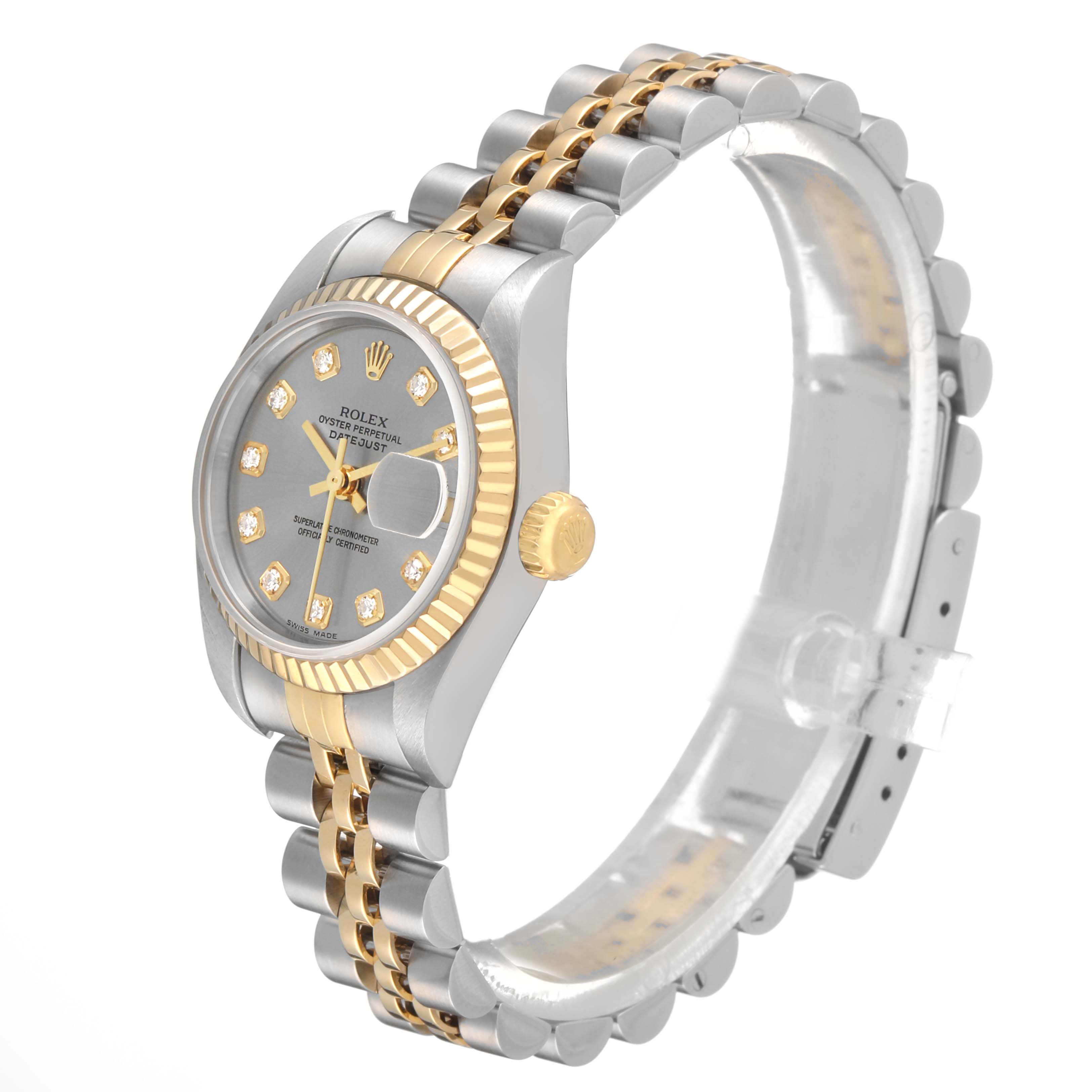 The Rolex Datejust 79173 Women's Steel and Gold (two tone) Silver Dial is shown at a three-quarter angle, displaying the bezel, face, bracelet, and crown.