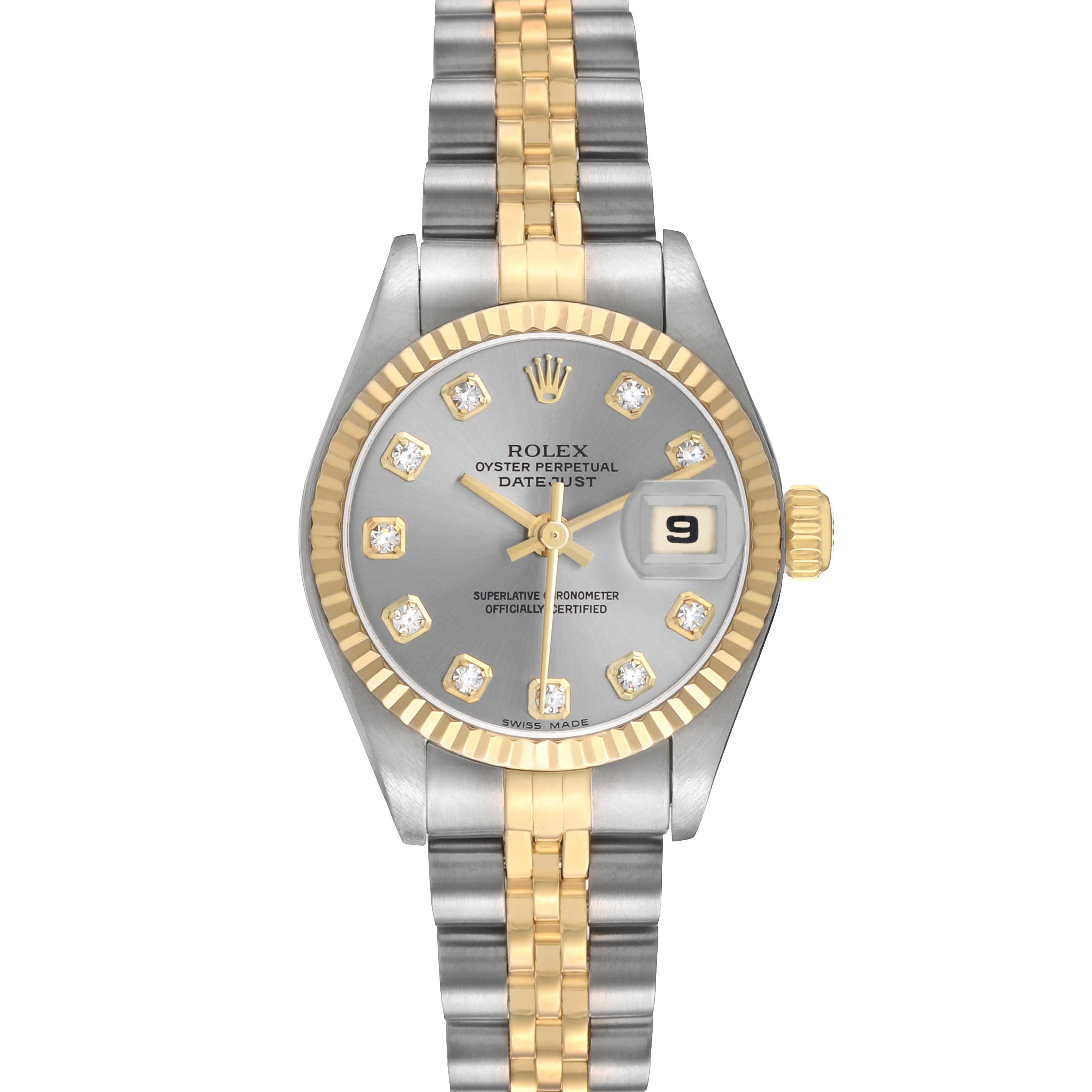 The Rolex Datejust 79173 Women's Steel and Gold (two tone) Silver Dial watch is shown from a top-down angle, displaying the dial, bezel, bracelet, and date feature.