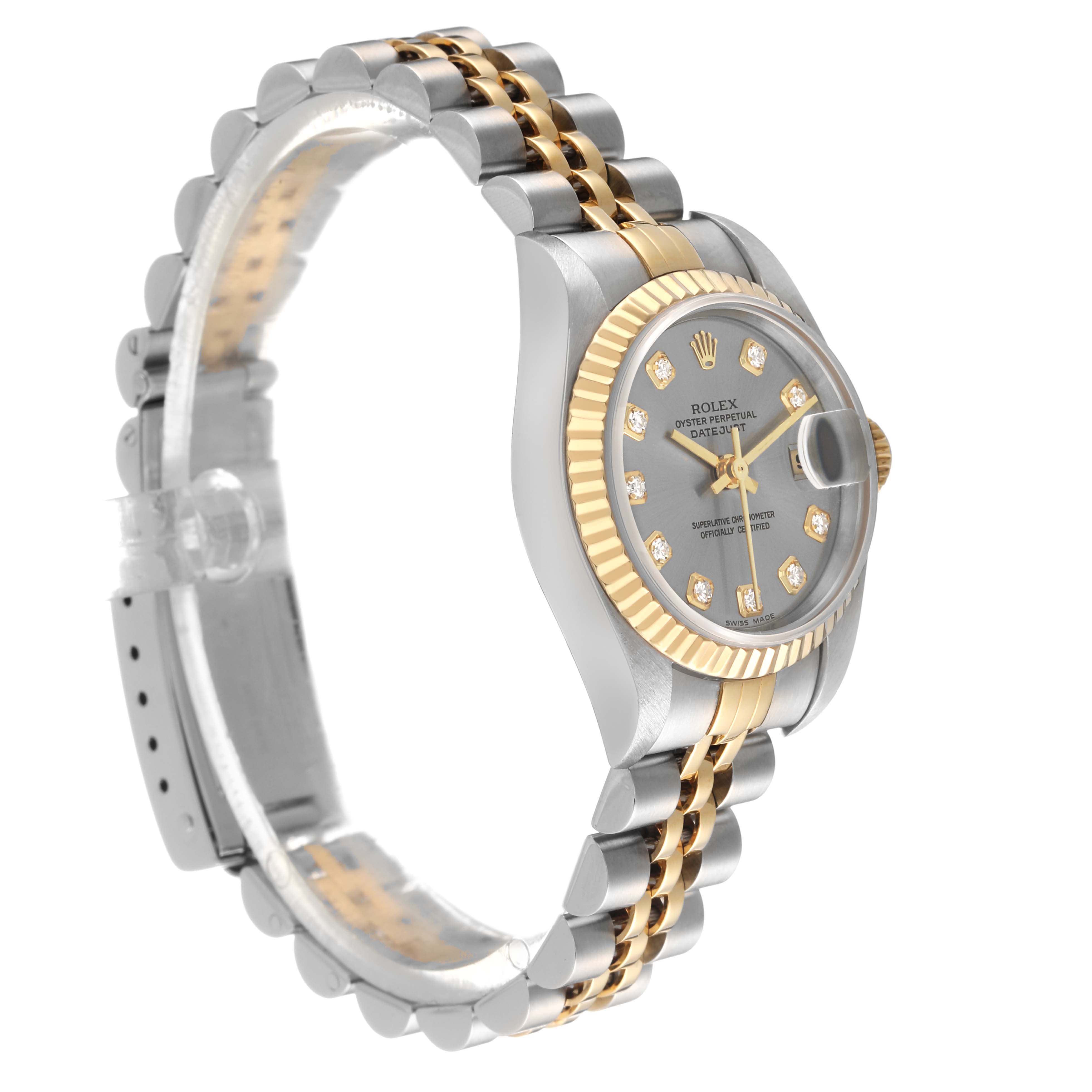 The image shows a Rolex Datejust 79173 Women's Steel and Gold (two tone) Silver Dial watch at a three-quarter angle, highlighting the bezel, dial, and two-tone bracelet.