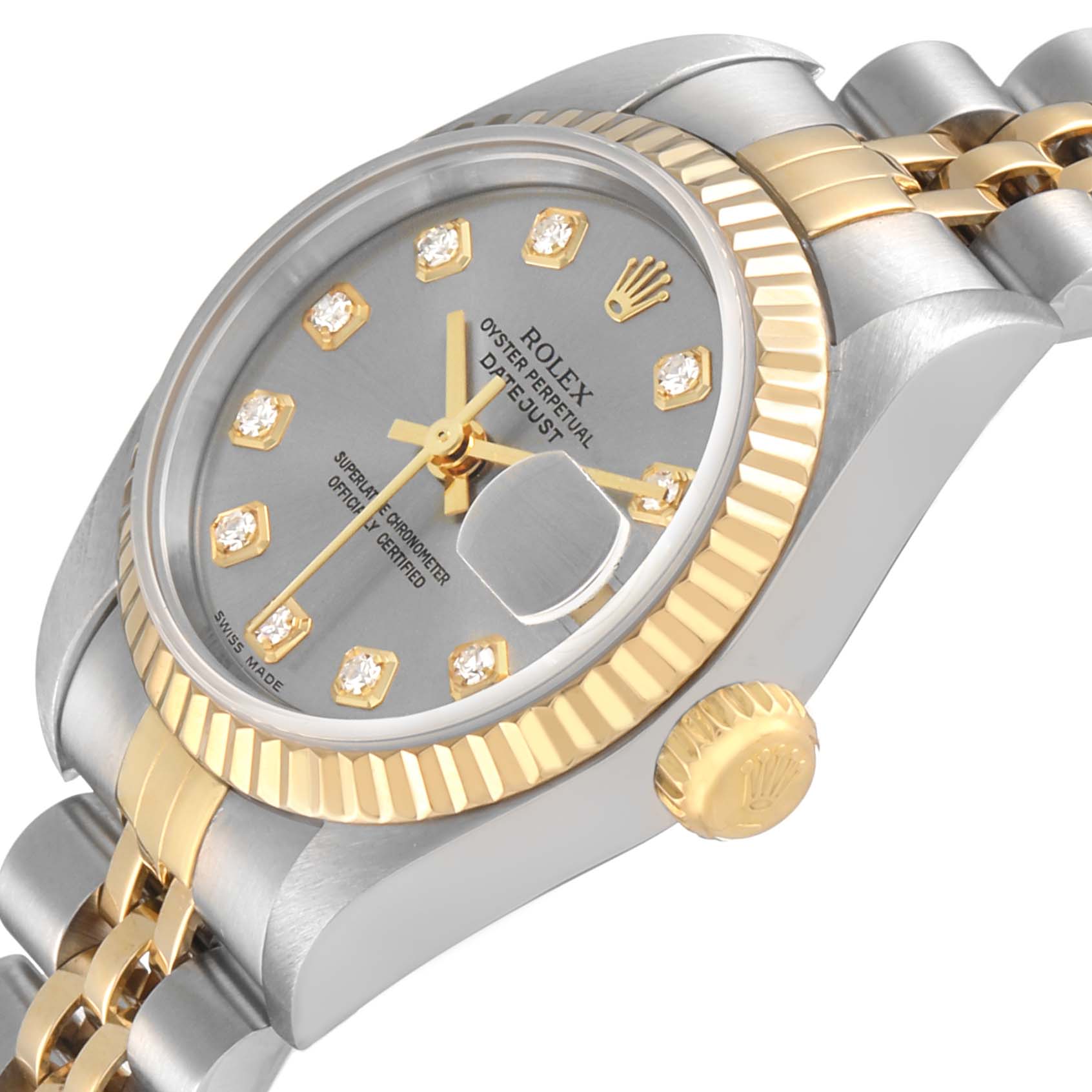 The Rolex Datejust 79173 Women's Steel and Gold (two tone) Silver Dial is shown at an angled side view, highlighting its bezel, fluted crown, and bracelet.