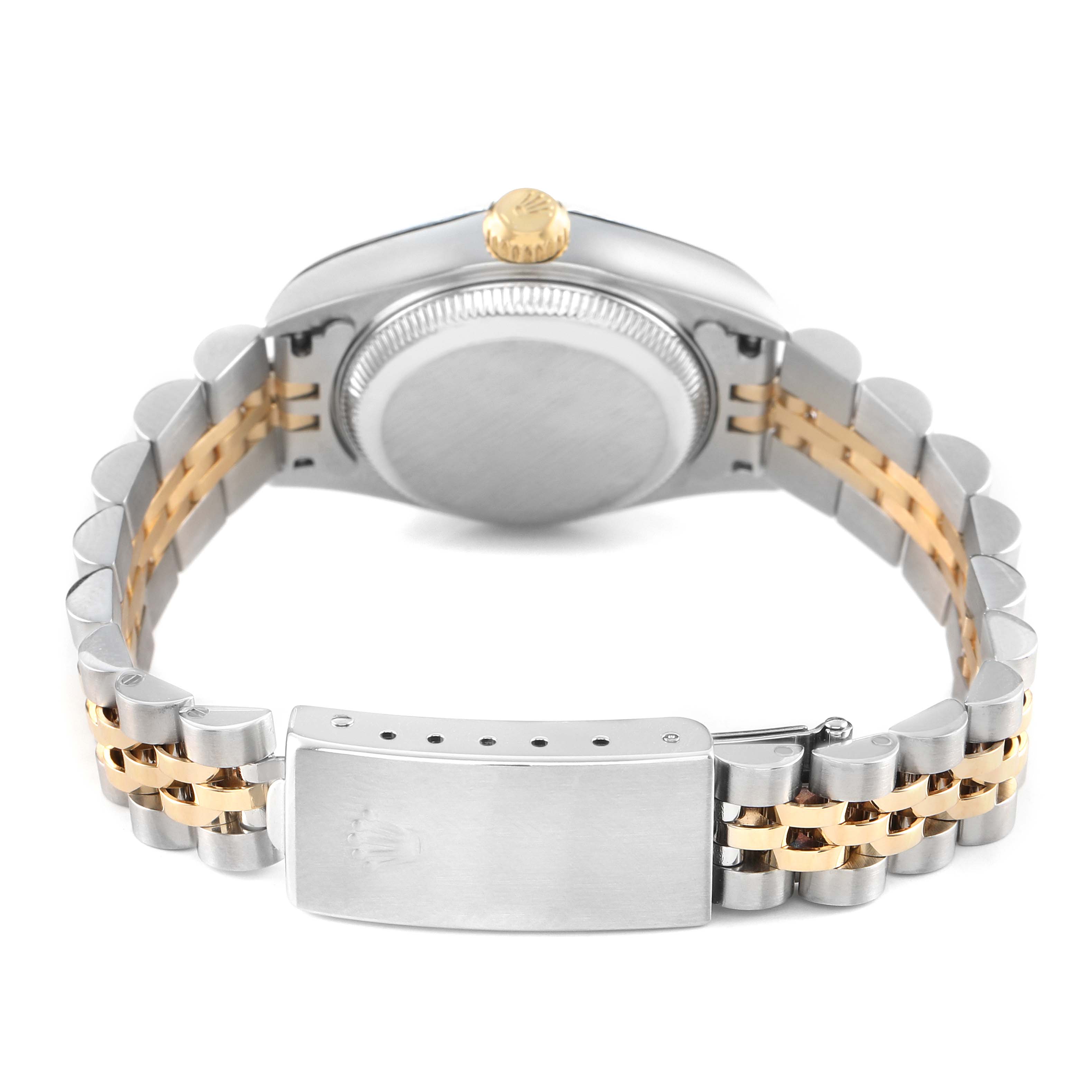 The Rolex Datejust 79173 Women's Steel and Gold (two tone) Silver Dial is shown from the back, showcasing the clasp, bracelet, and case back.