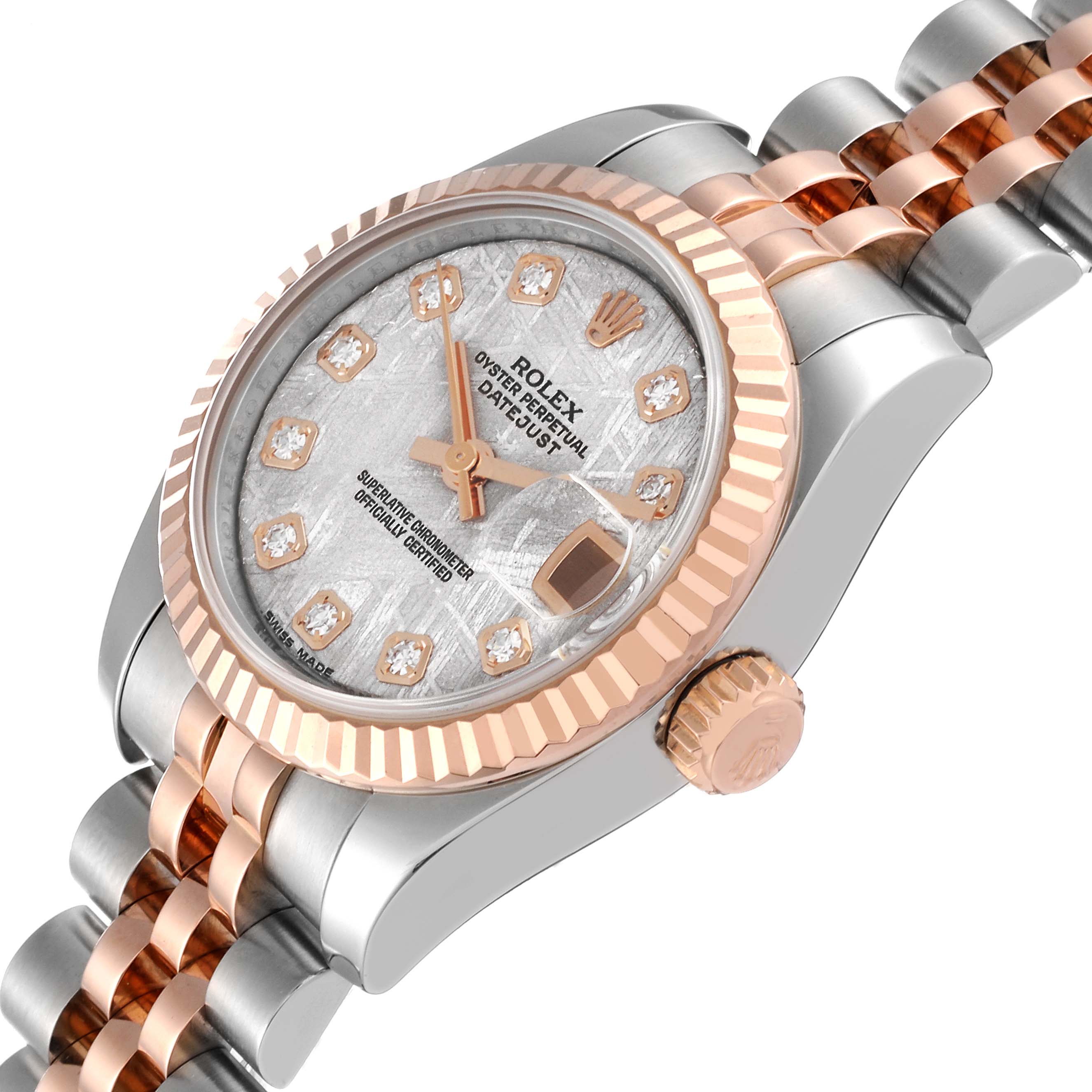 The Rolex Datejust 179171 Women's Steel and Gold (two tone) Silver Dial 179171 Women's Steel and Gold (two tone) Silver Dial watch is shown at an angled side view highlighting its dial, bezel, crown, and part of the bracelet.