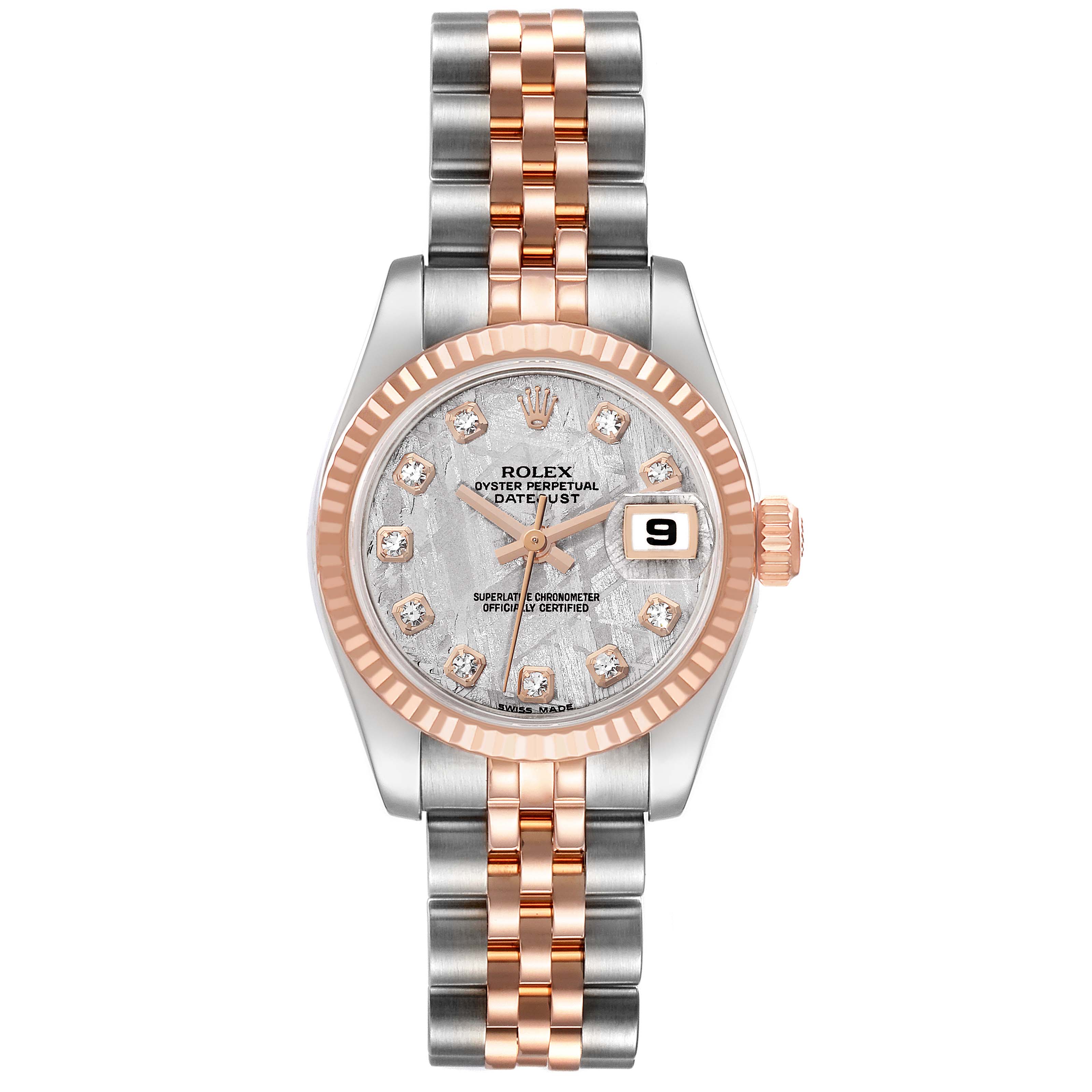 The image shows a front view of a Rolex Datejust 179171 Women's Steel and Gold (two tone) Silver Dial 179171 Women's Steel and Gold (two tone) Silver Dial watch, highlighting the dial, bezel, crown, and bracelet.