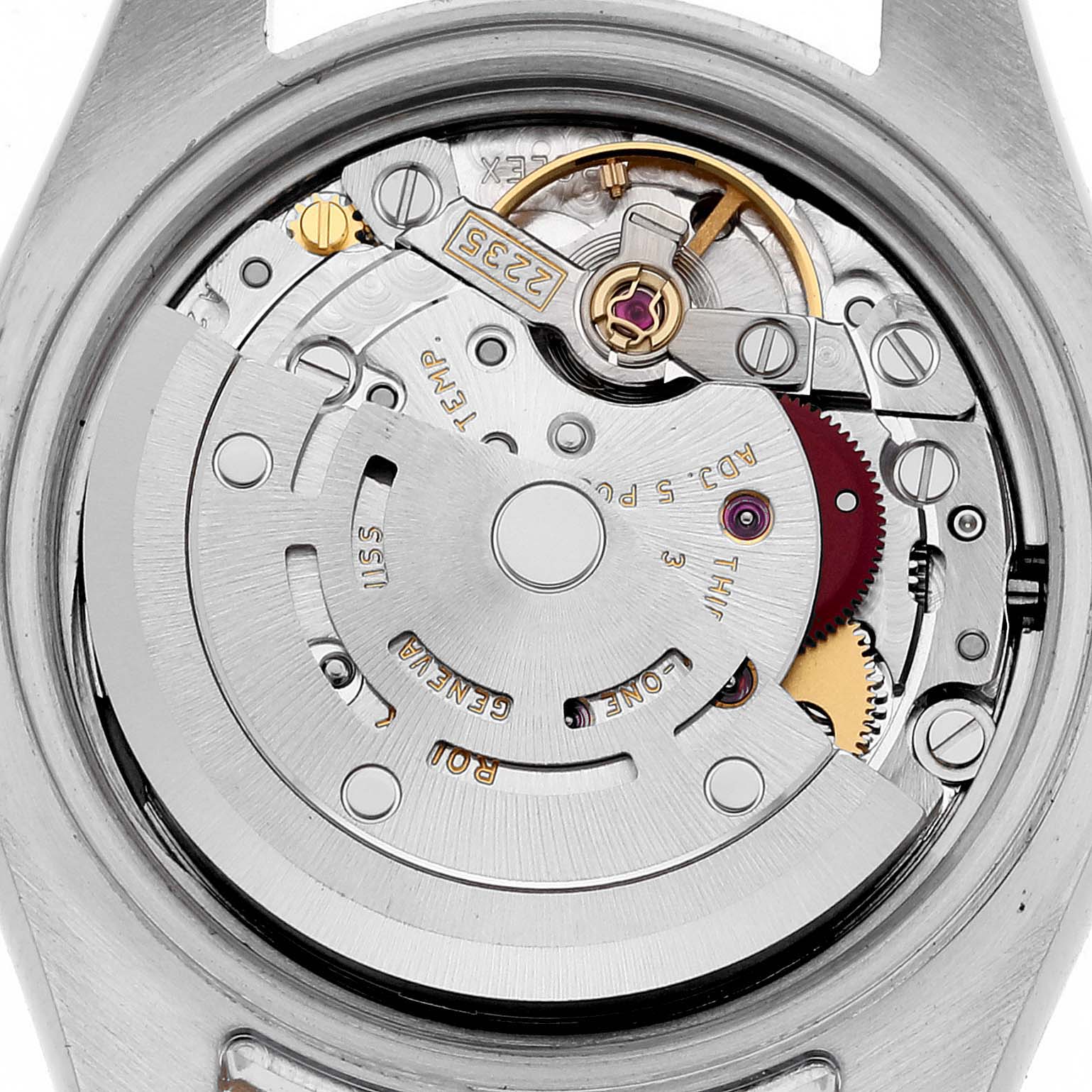 This image shows the internal mechanical movement of a Rolex Datejust 179171 Women's Steel and Gold (two tone) Silver Dial 179171 Women's Steel and Gold (two tone) Silver Dial watch from the back angle.
