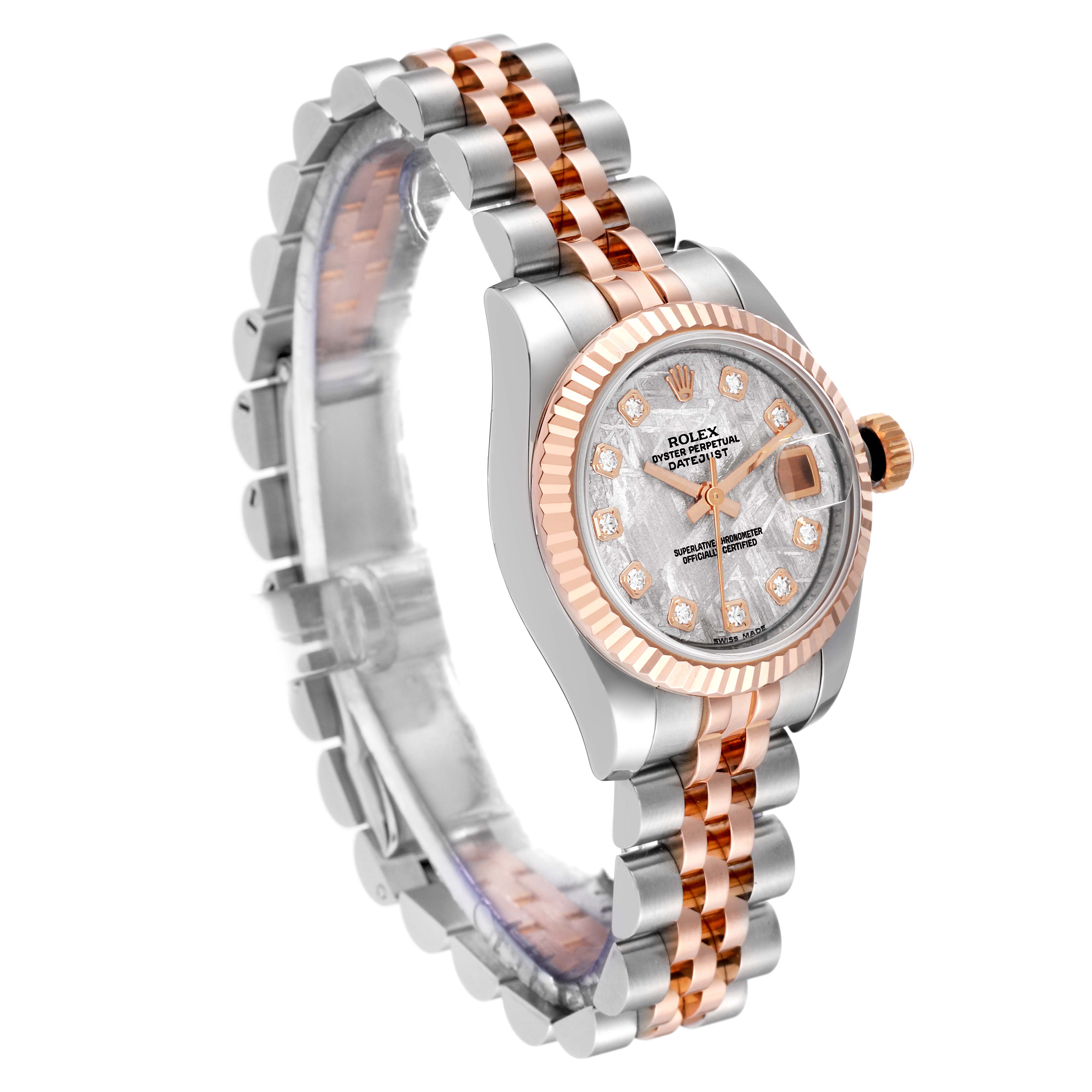 This image shows a Rolex Datejust 179171 Women's Steel and Gold (two tone) Silver Dial 179171 Women's Steel and Gold (two tone) Silver Dial watch from an angled side view, highlighting the dial, bezel, and bracelet.